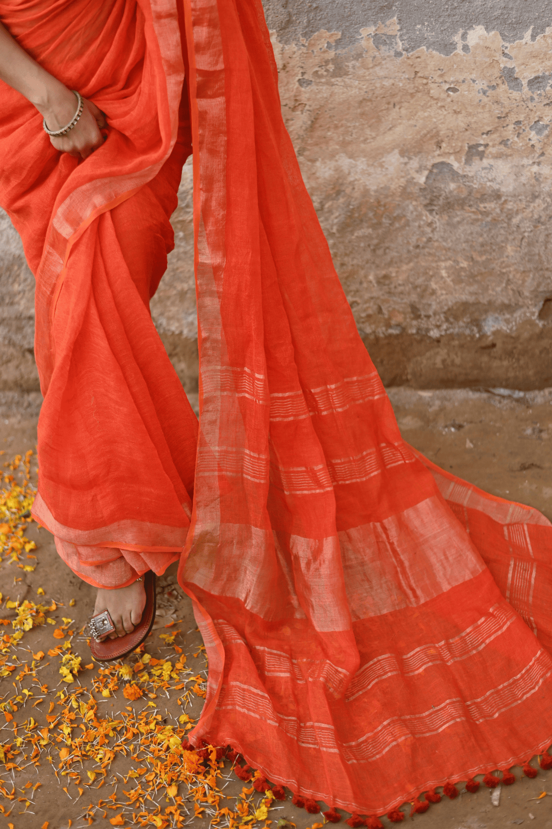 Orange Handloom Linen Saree