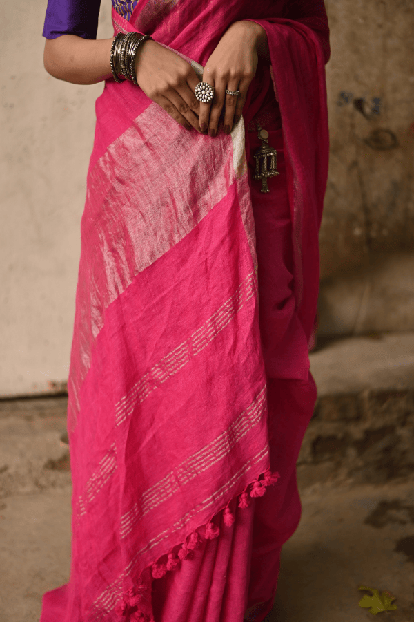 Fuschia Handloom Linen Saree