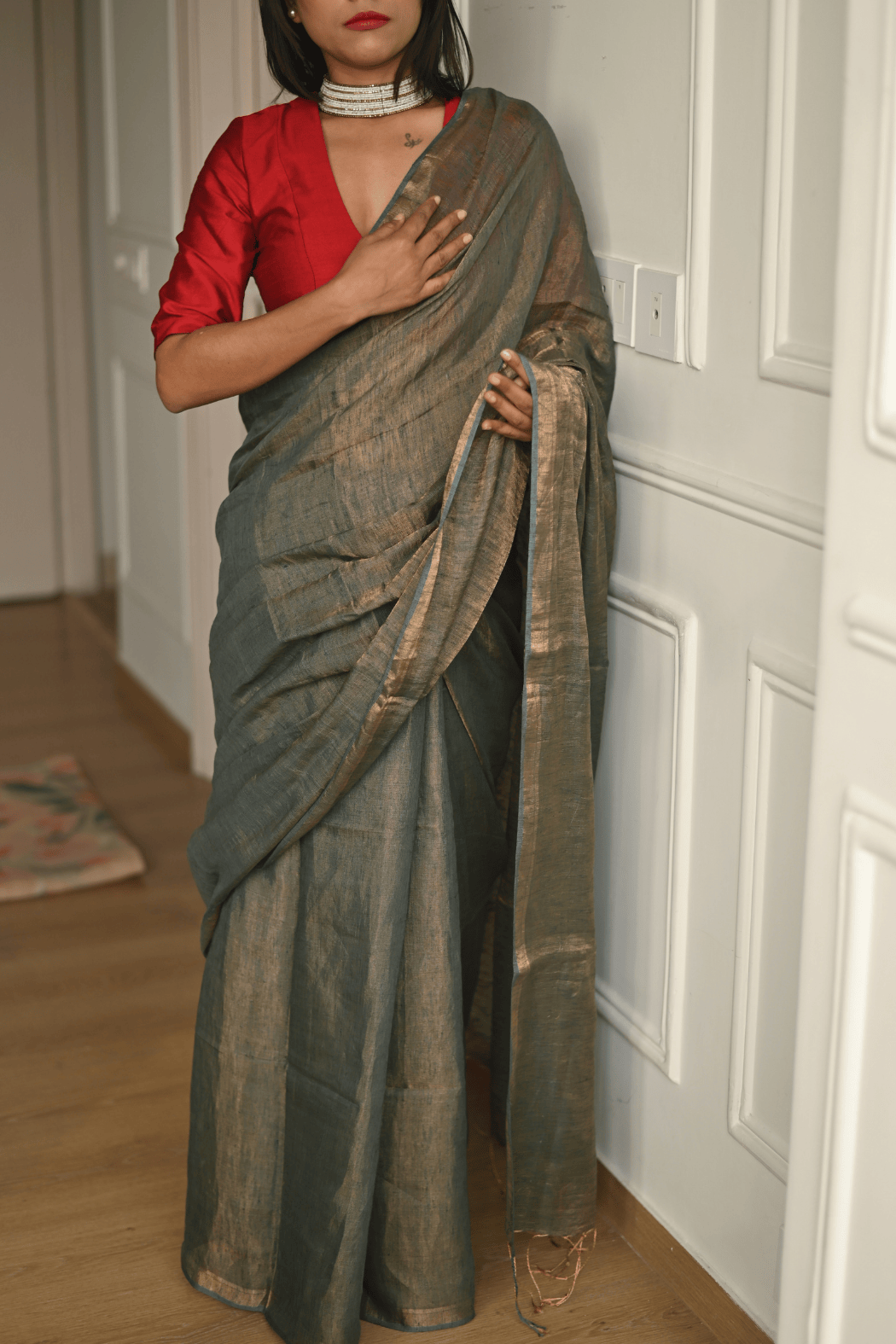 Olive Handloom Linen Tissue Saree