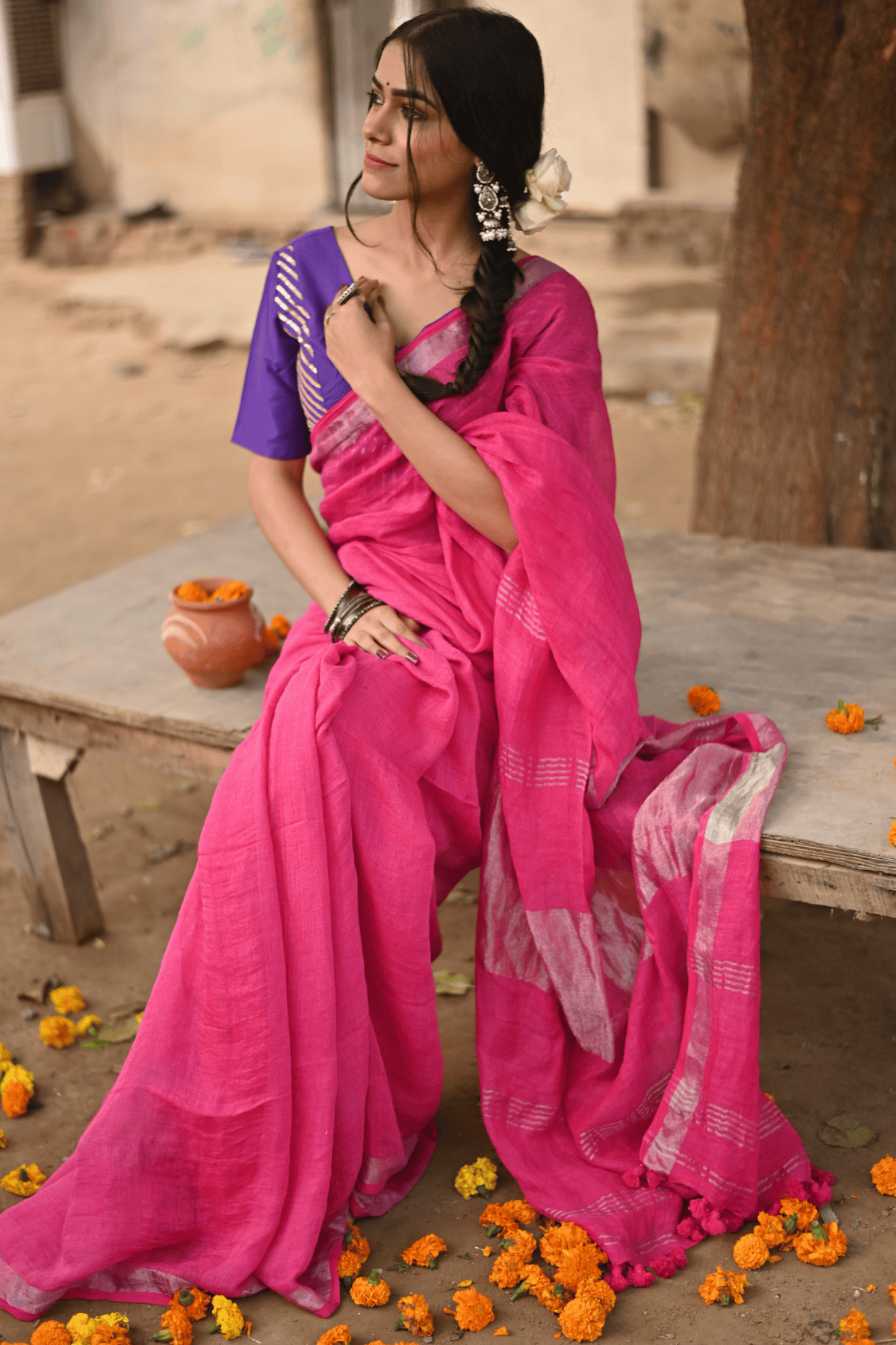 Fuschia Handloom Linen Saree