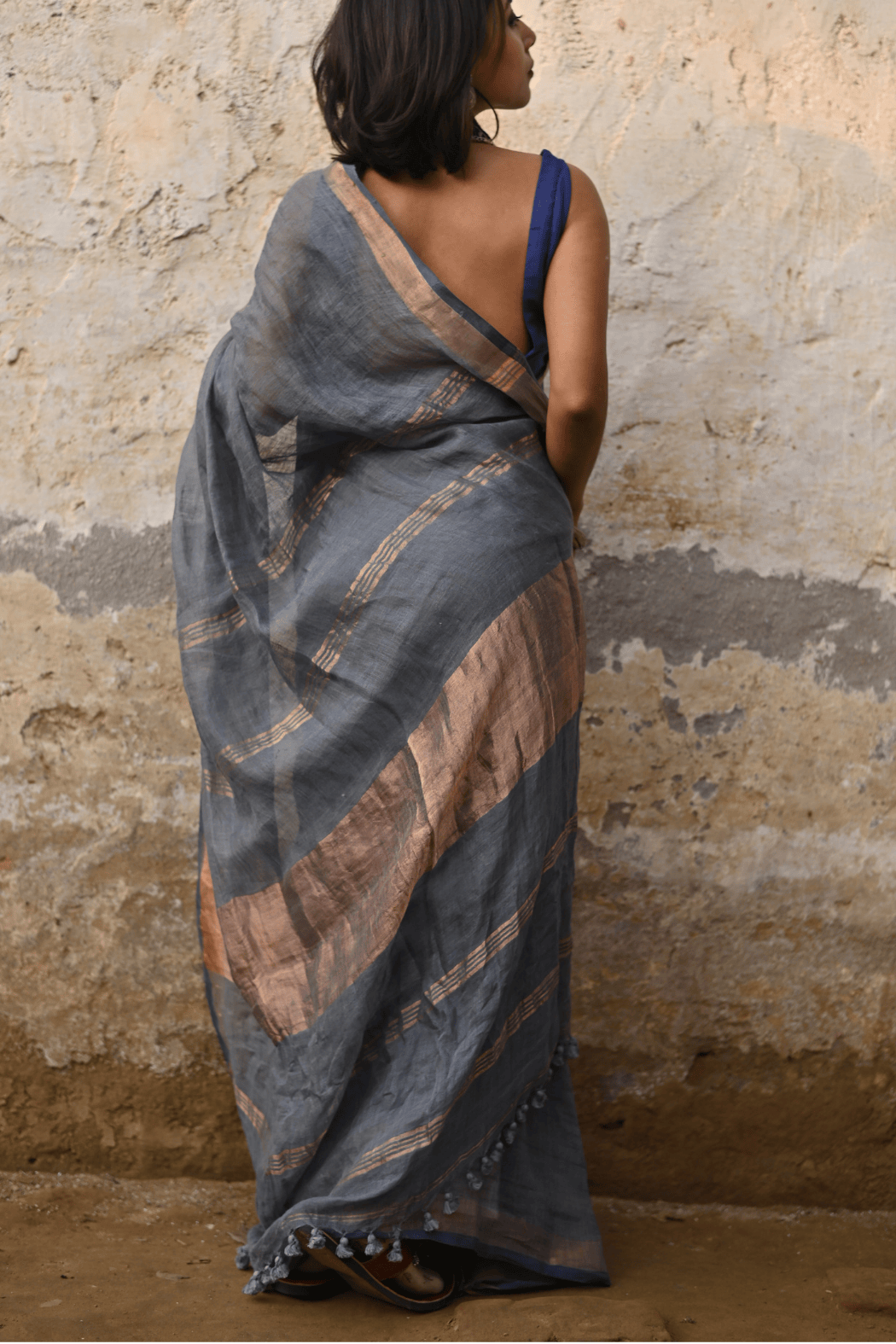 Steel Grey Handloom Linen Saree