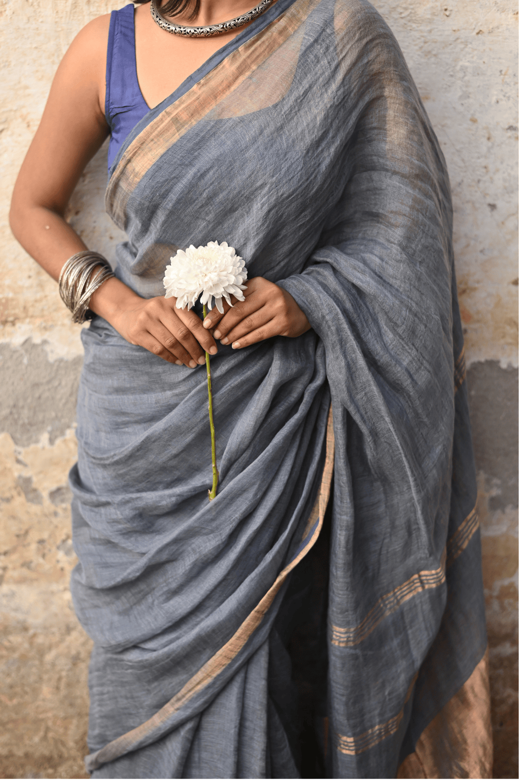Steel Grey Handloom Linen Saree