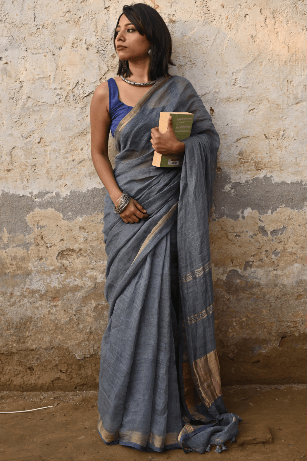 Steel Grey Handloom Linen Saree