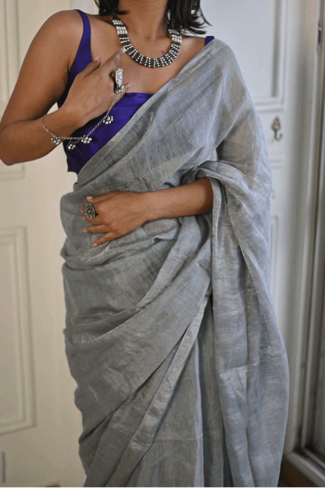 Silver Handloom Linen Tissue Saree