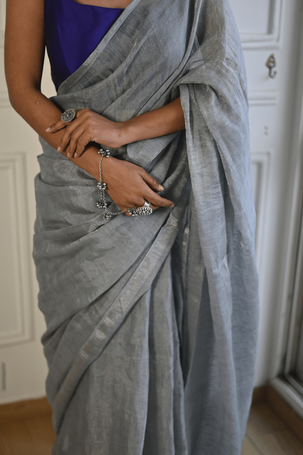 Silver Handloom Linen Tissue Saree