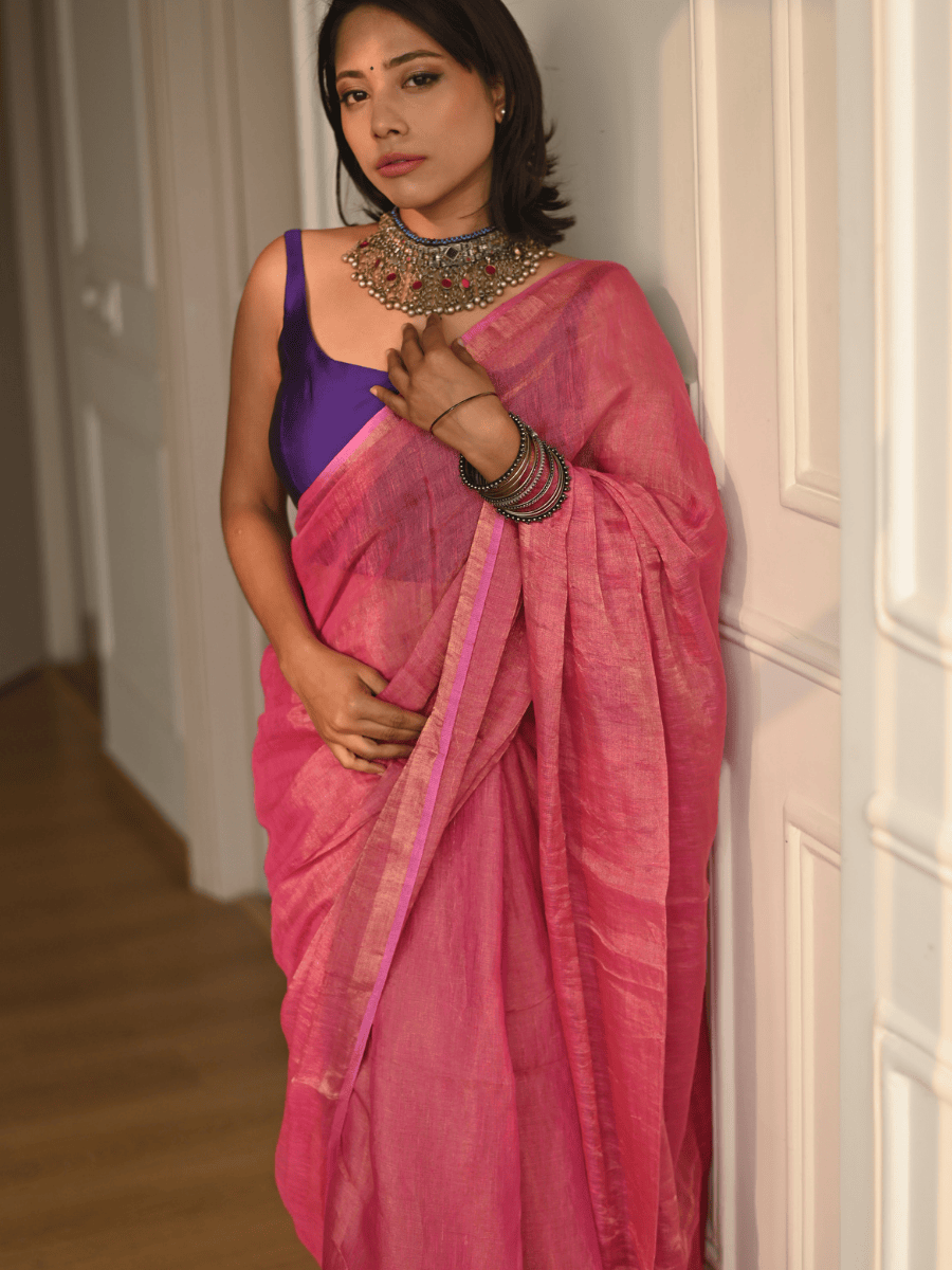 Blush Pink Handloom Linen Tissue Saree