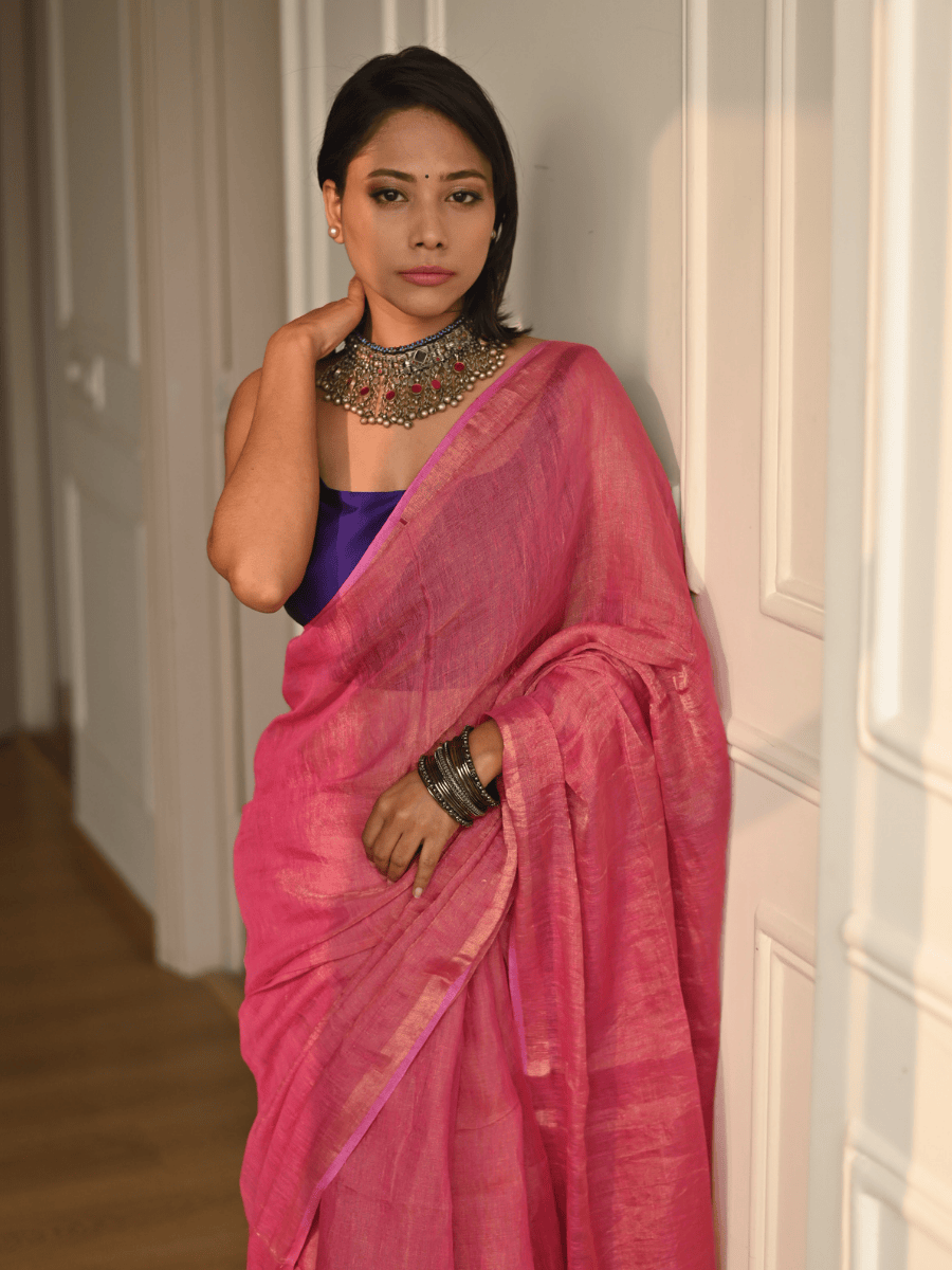 Blush Pink Handloom Linen Tissue Saree