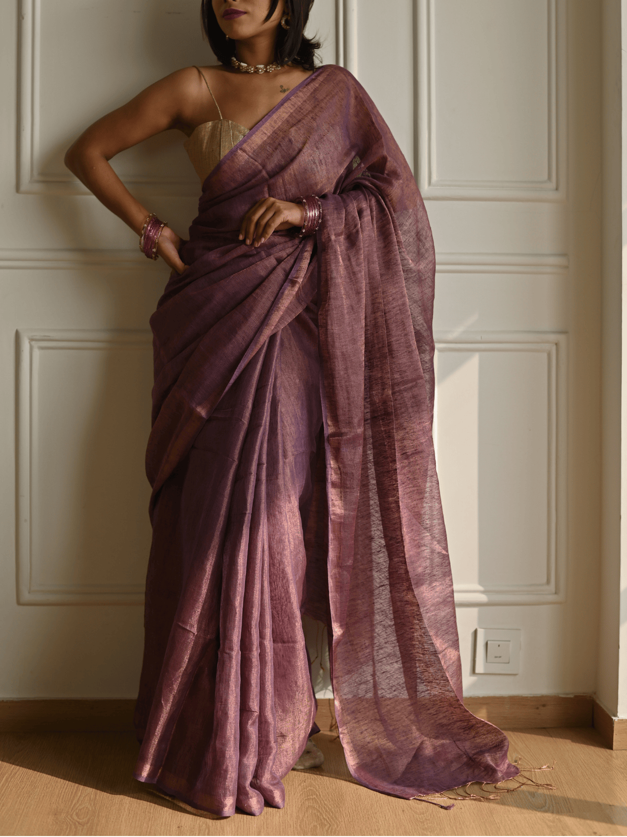 Aubergine Handloom Linen Tissue Saree