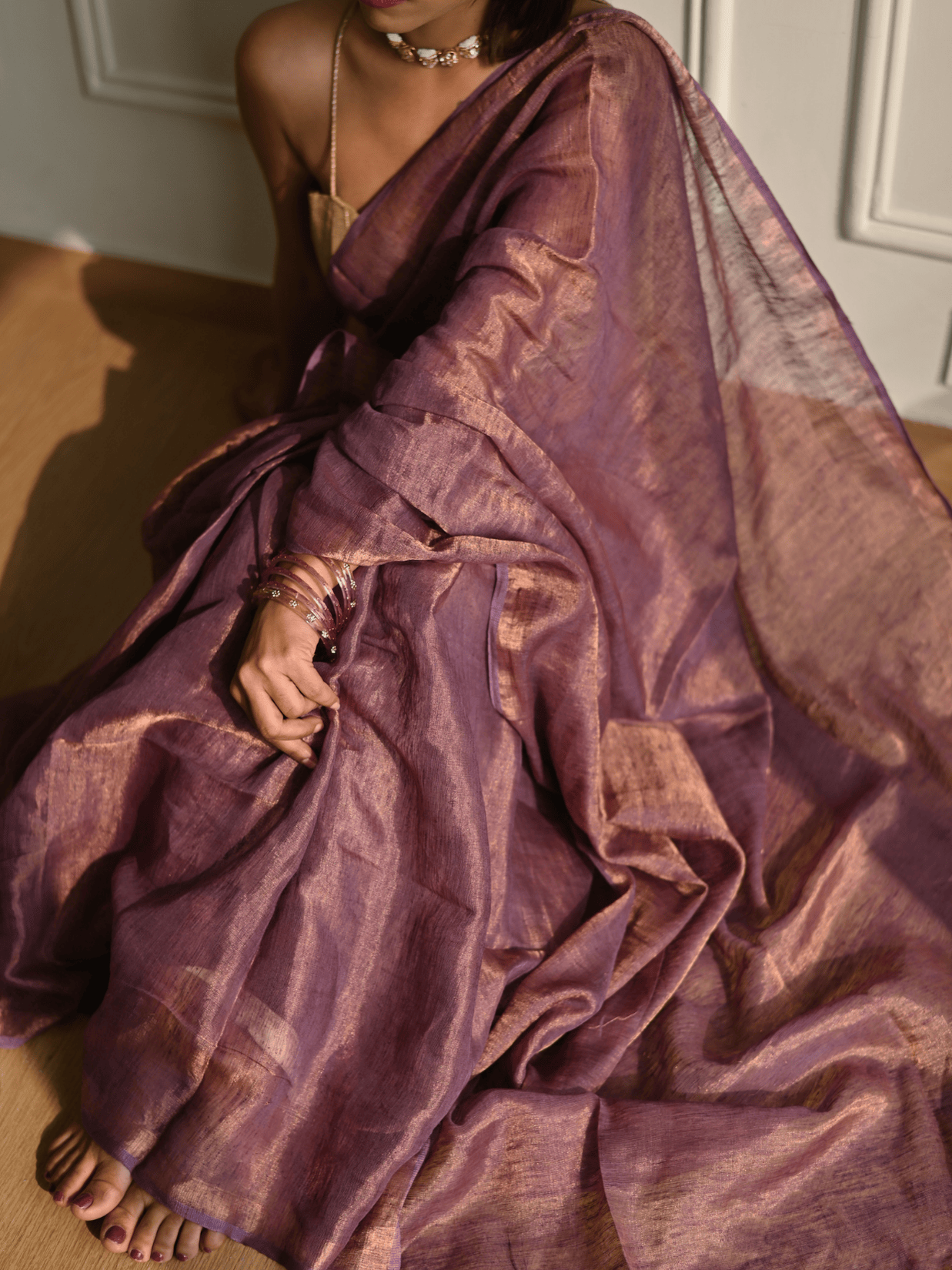 Aubergine Handloom Linen Tissue Saree