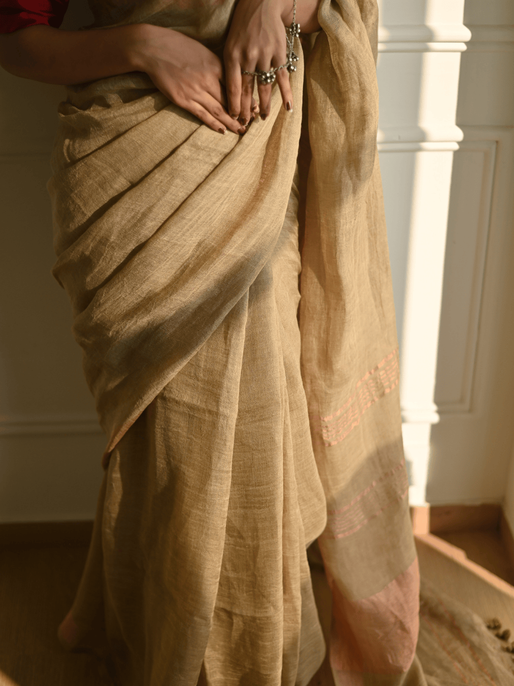 Beige Handloom Linen Saree