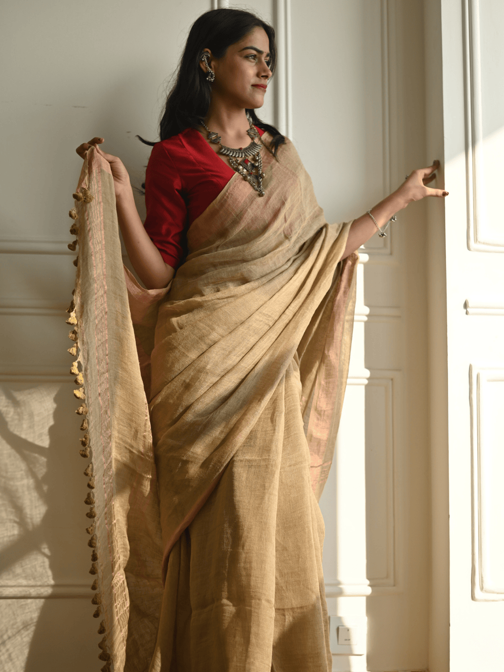 Beige Handloom Linen Saree