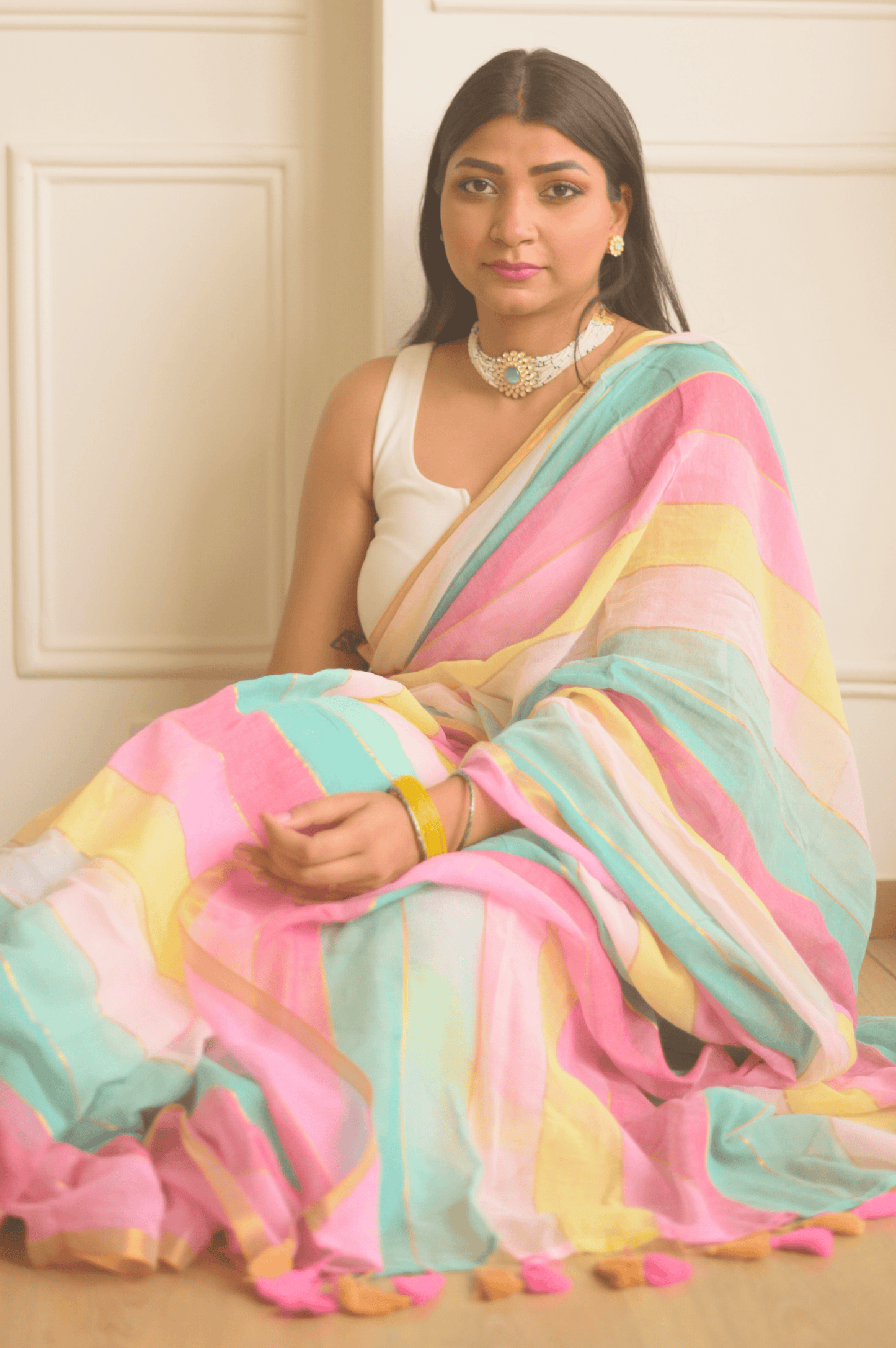 Rainbow Mulmul Saree - Mayin India
