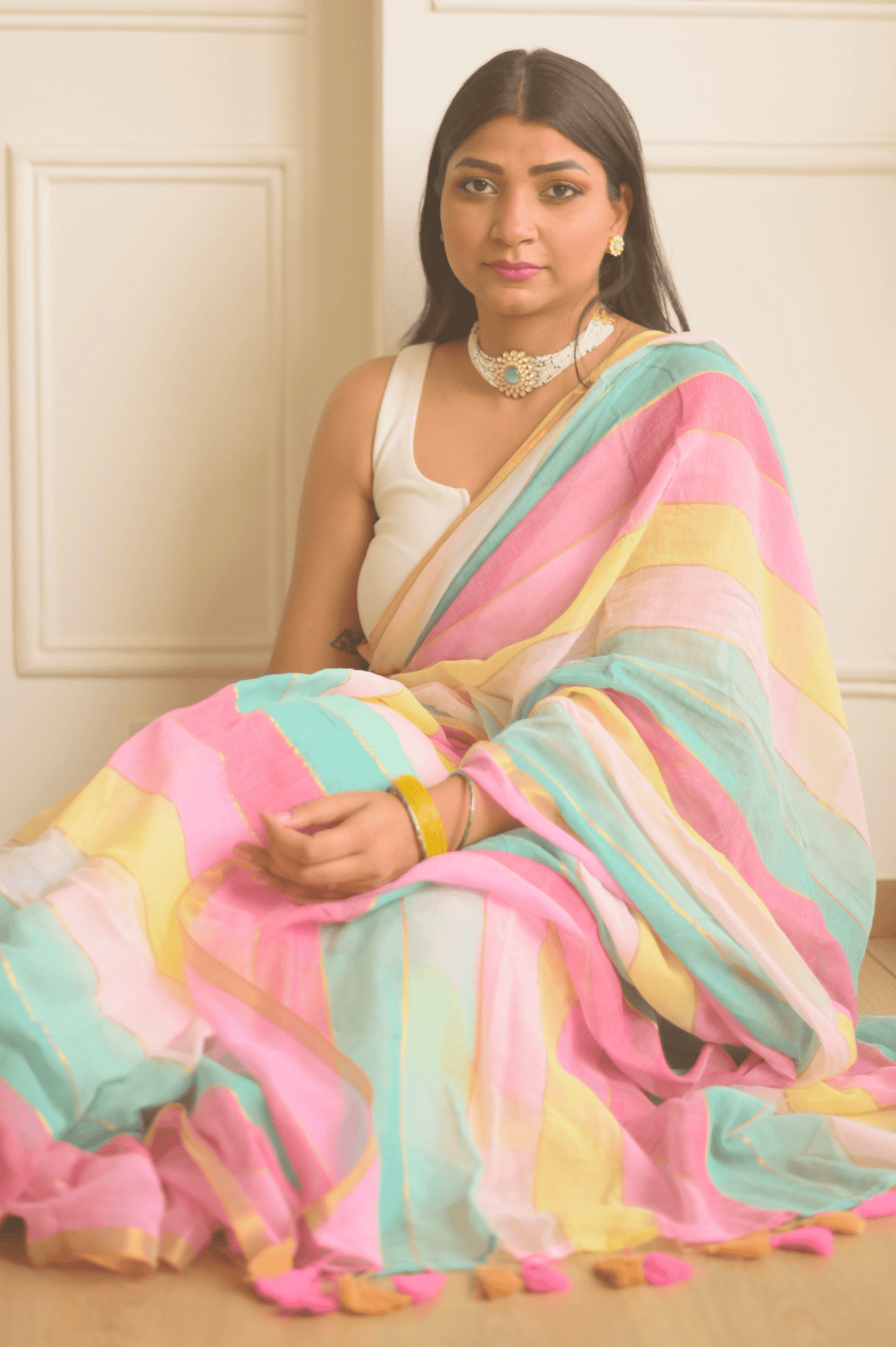 Rainbow Mulmul Saree - Mayin India
