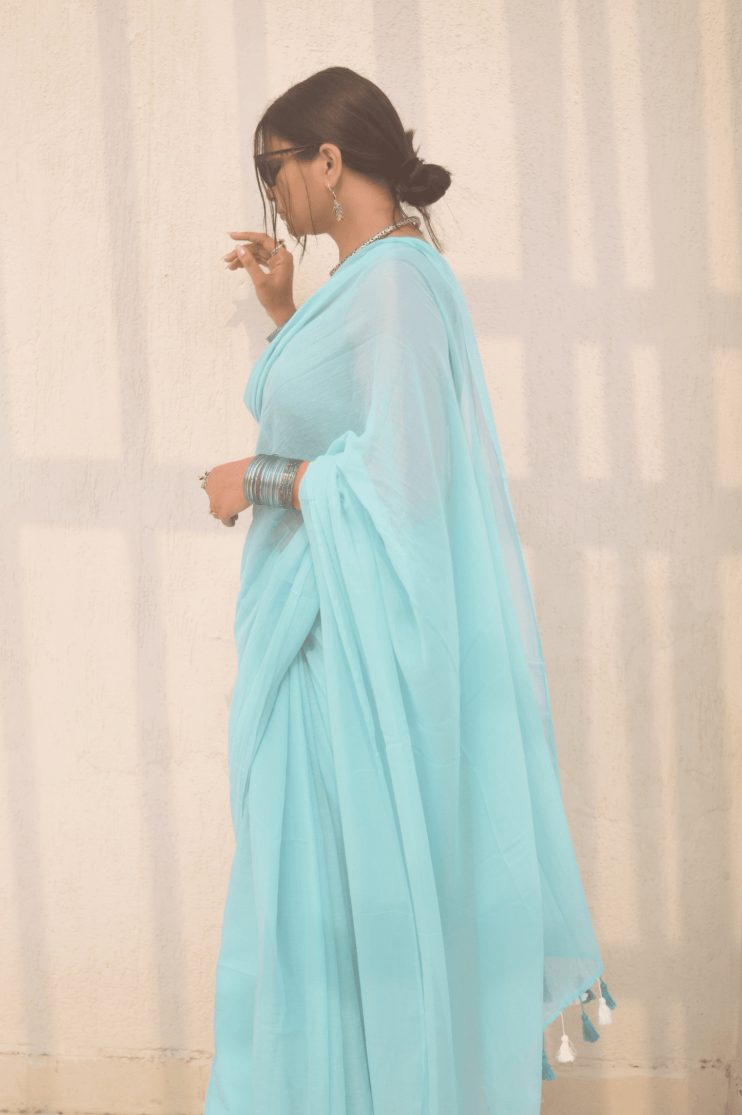 Powder Blue Mul Saree - Mayin India