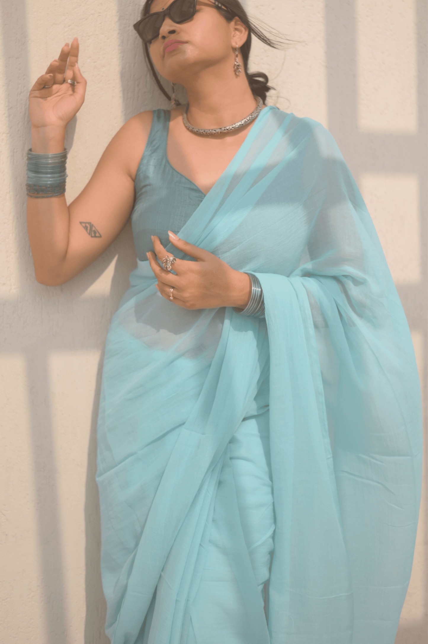 Powder Blue Mul Saree - Mayin India