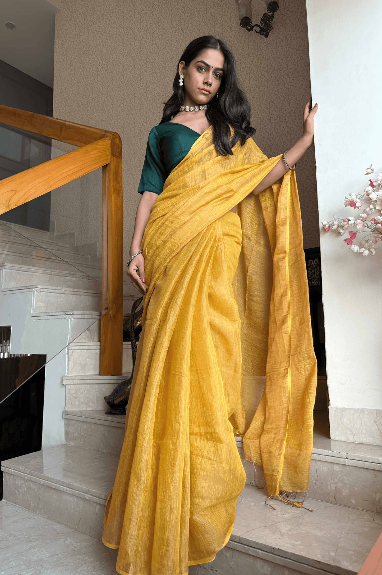 Deep mustard gold linen tissue saree by MAYIN India