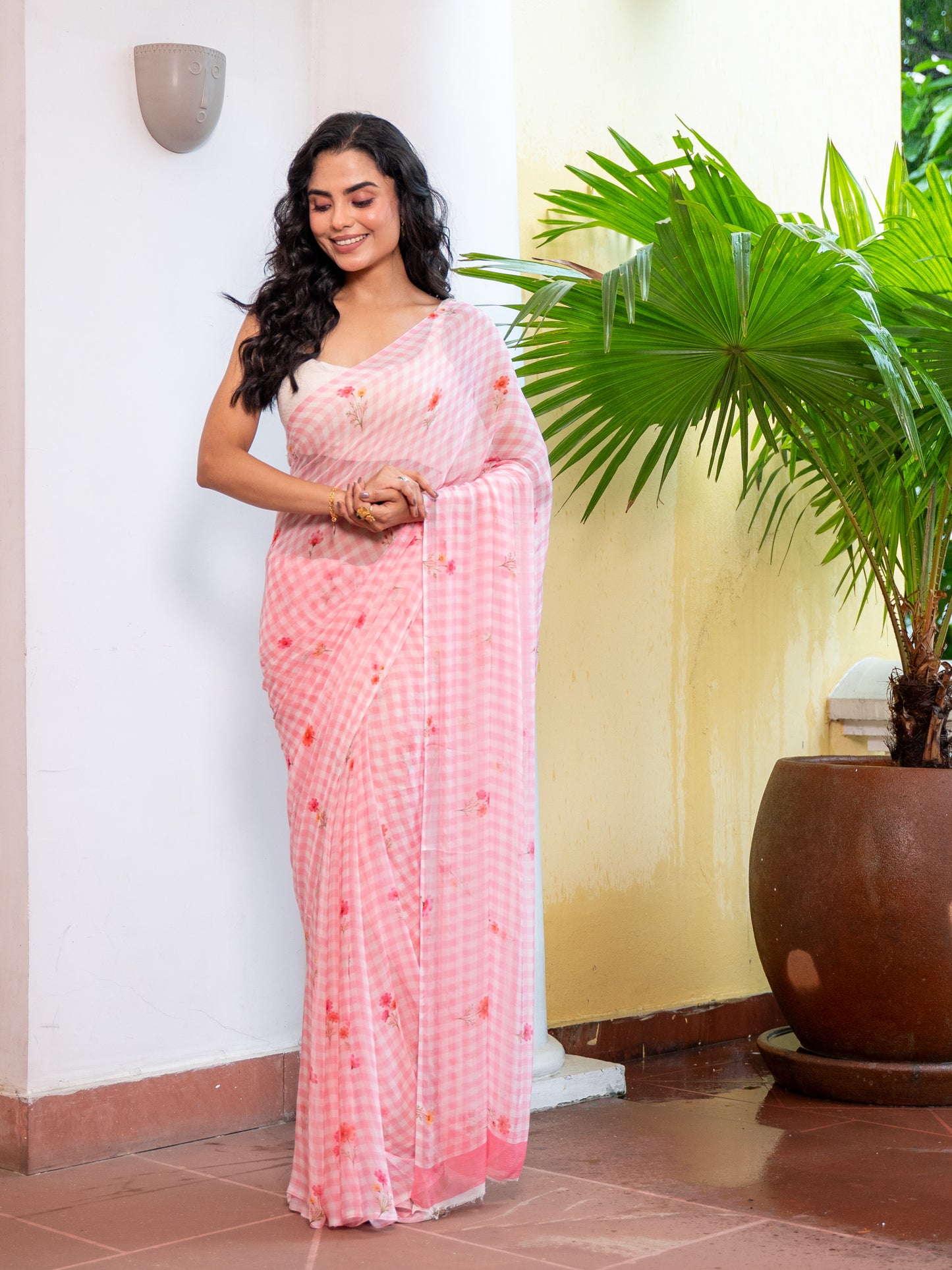 Rosy Skies - Baby Pink Gingham Print Pure Chiffon Saree