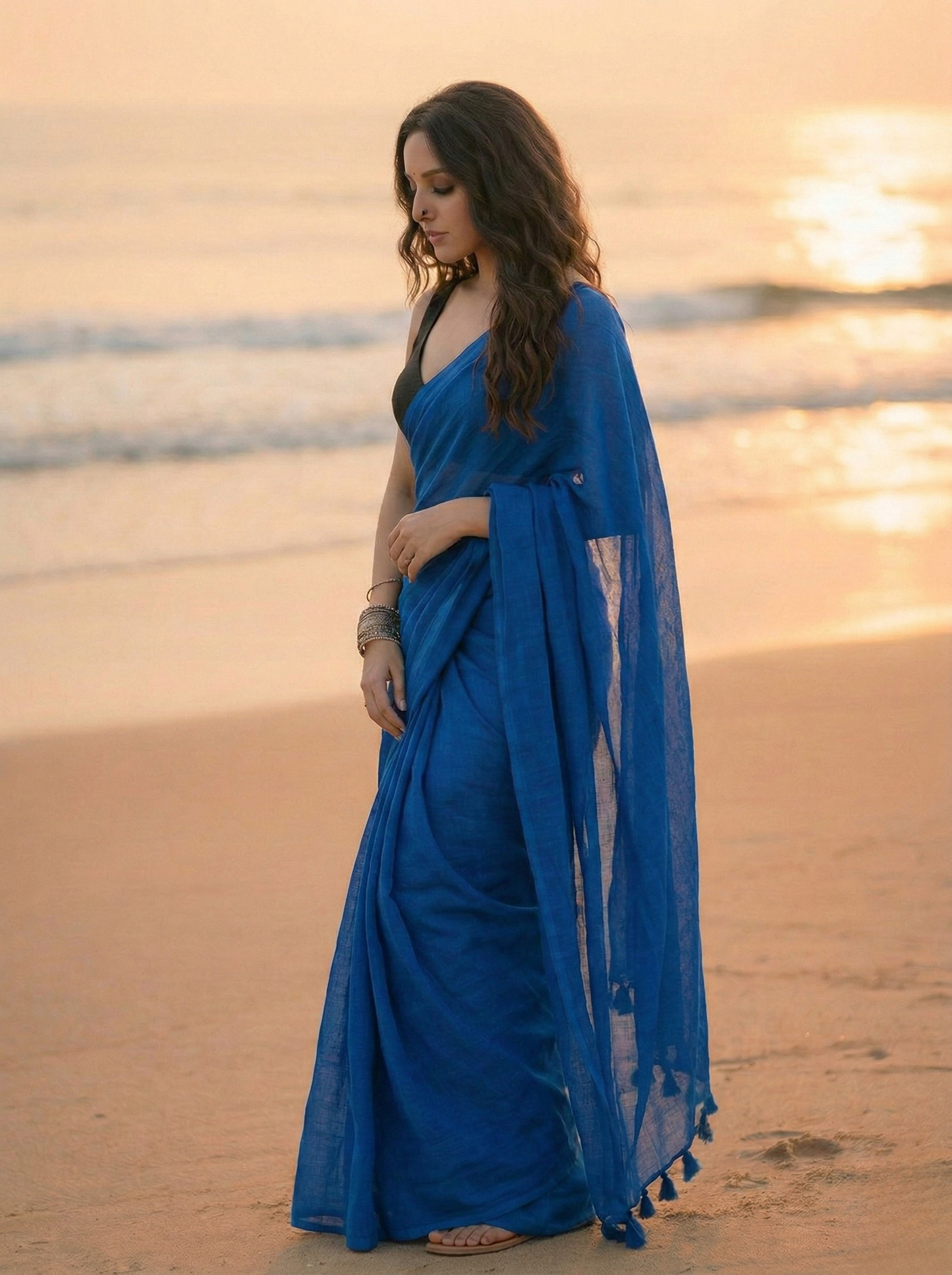 Cobalt Crumble - Plain Blue Mul Cotton Saree
