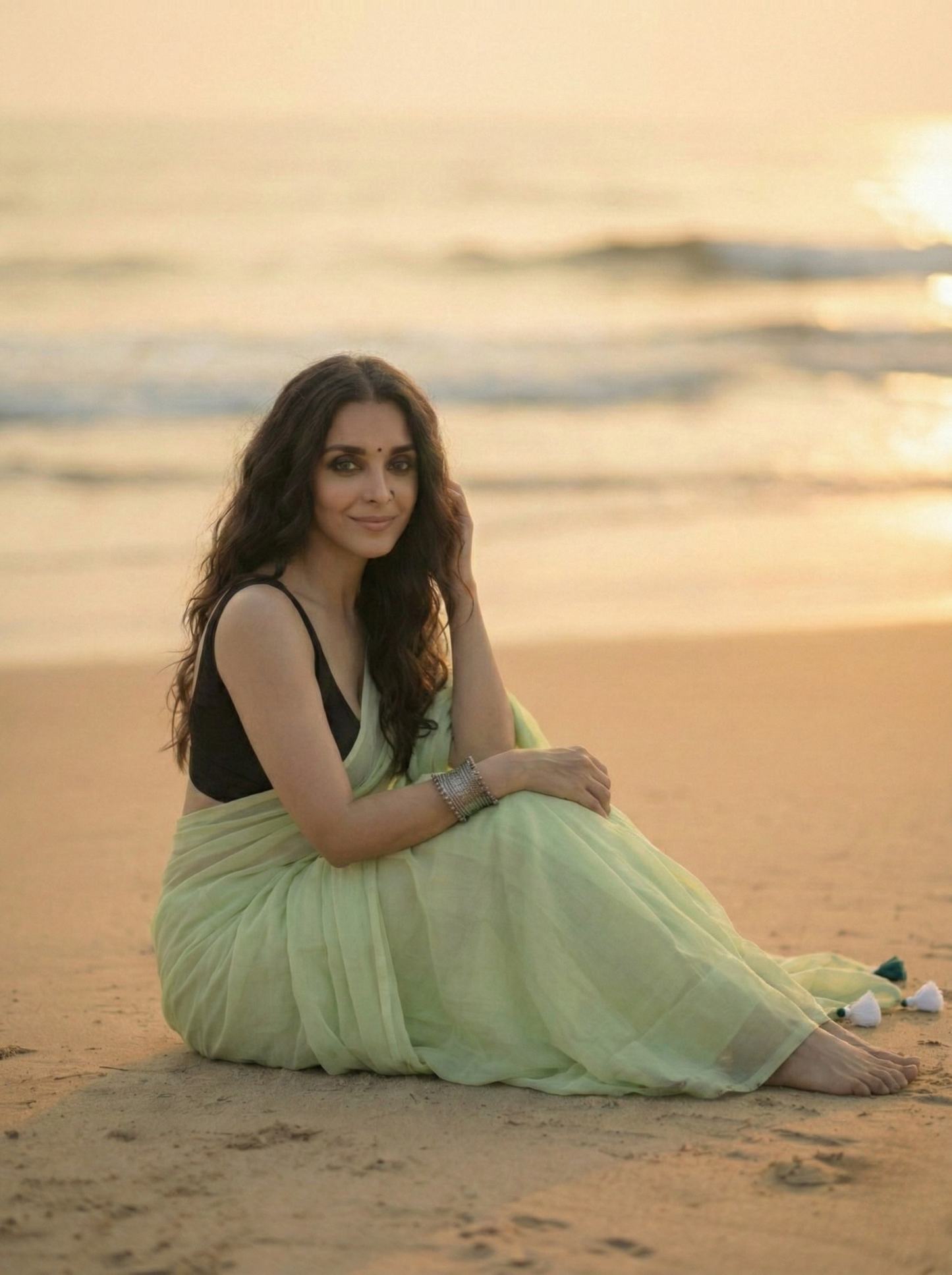 Dewdrop - Plain Green Mul Cotton Saree