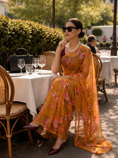 Sunlit Rose - Mustard Yellow Floral Print Pure Chiffon Partywear Saree