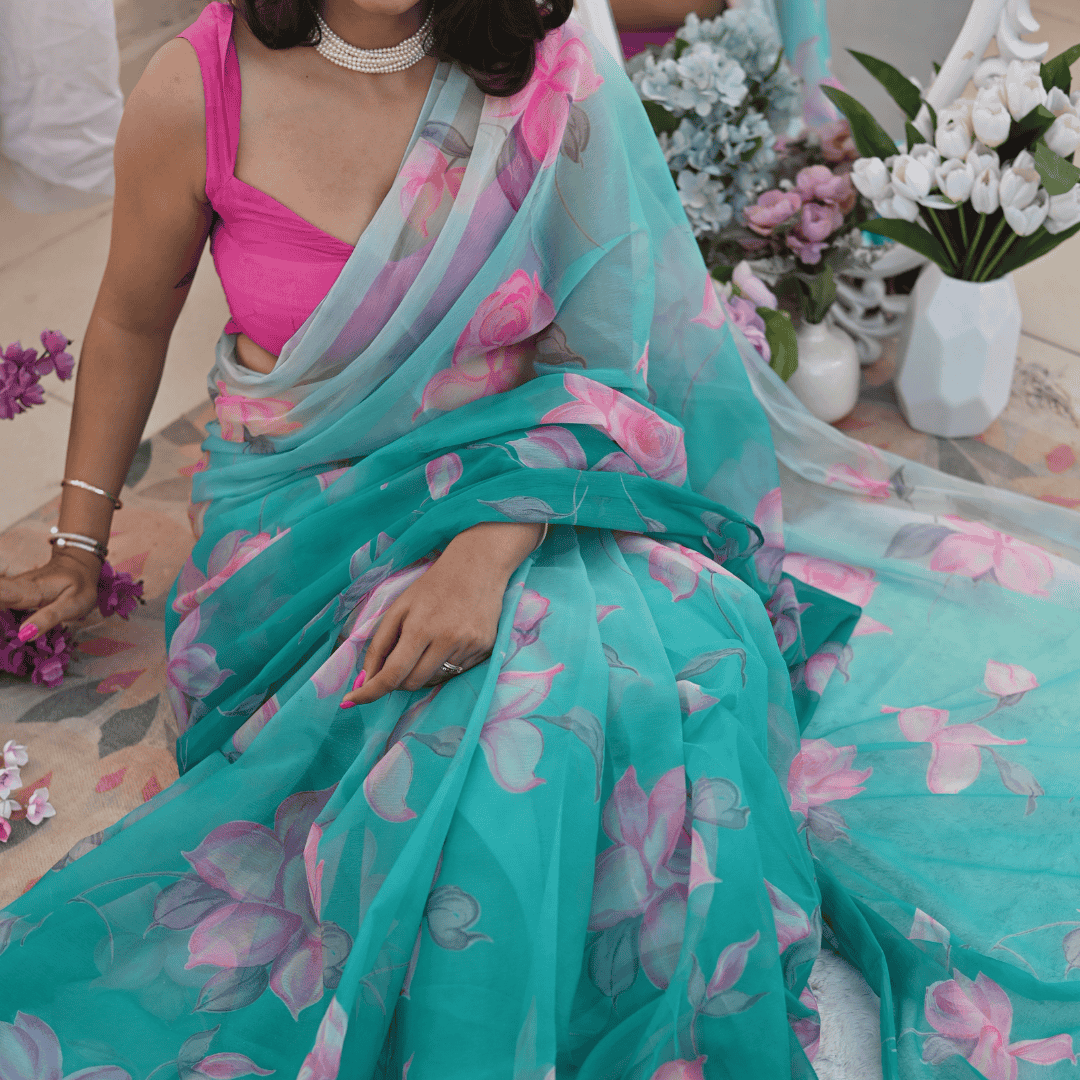 Ocean Rose Chiffon Saree