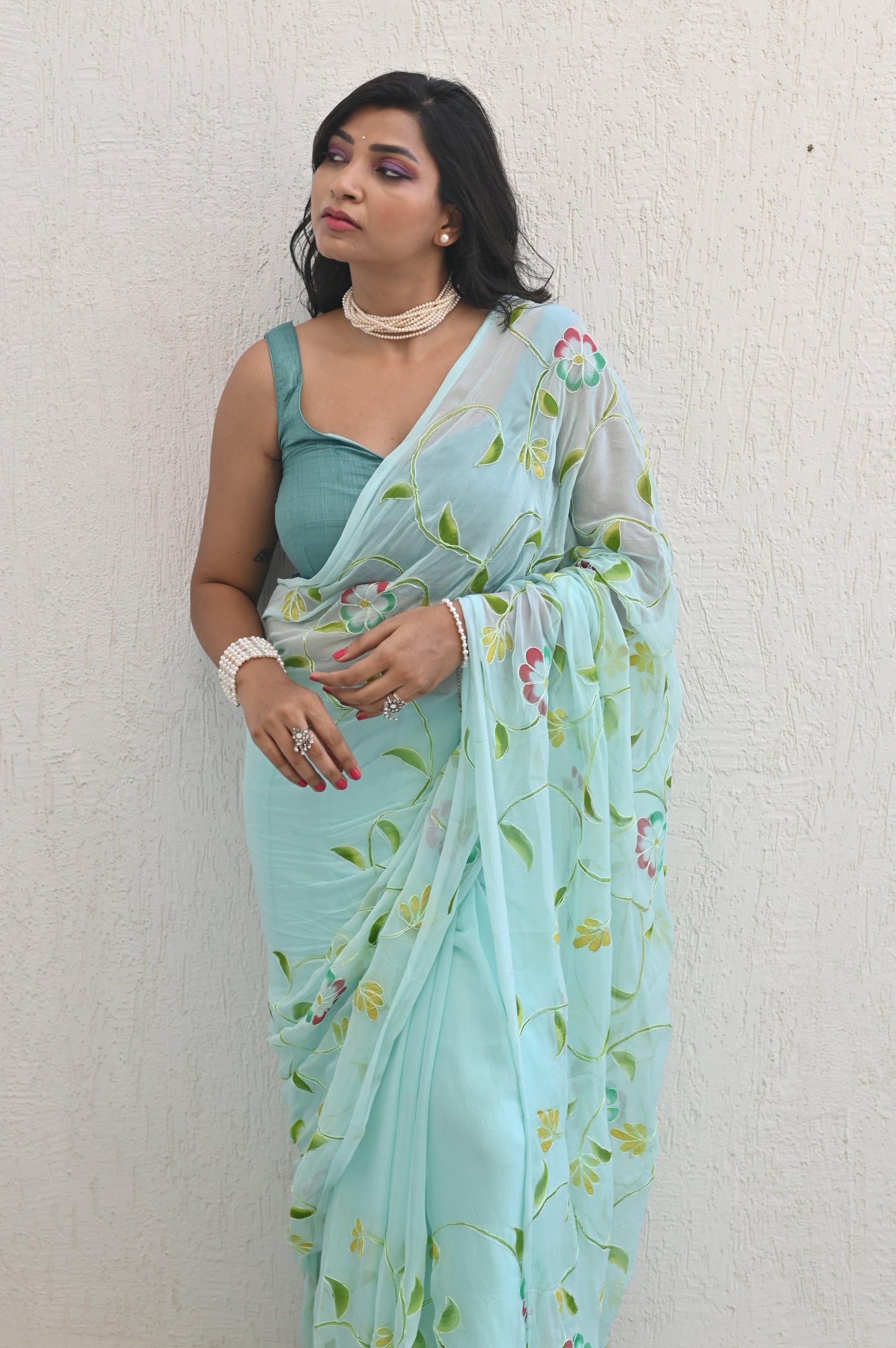 Seafoam Pure Chiffon Handembroidered Saree