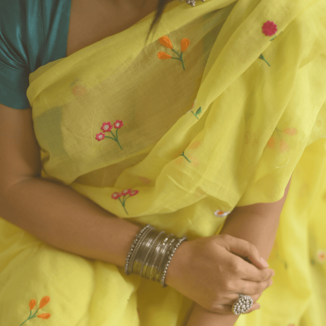 Gardenalia Yellow Mul Saree