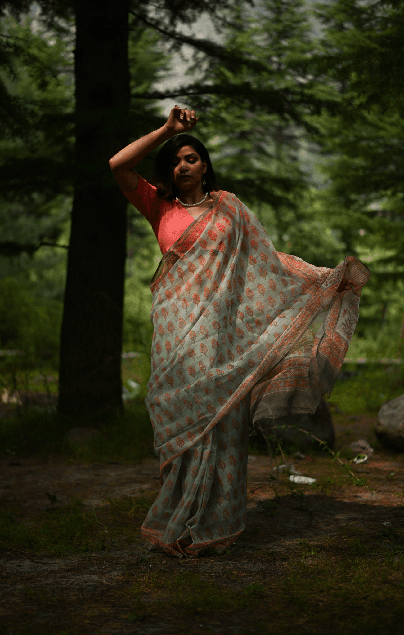 Peach handprinted handwoven Kota doria saree - Mayin India