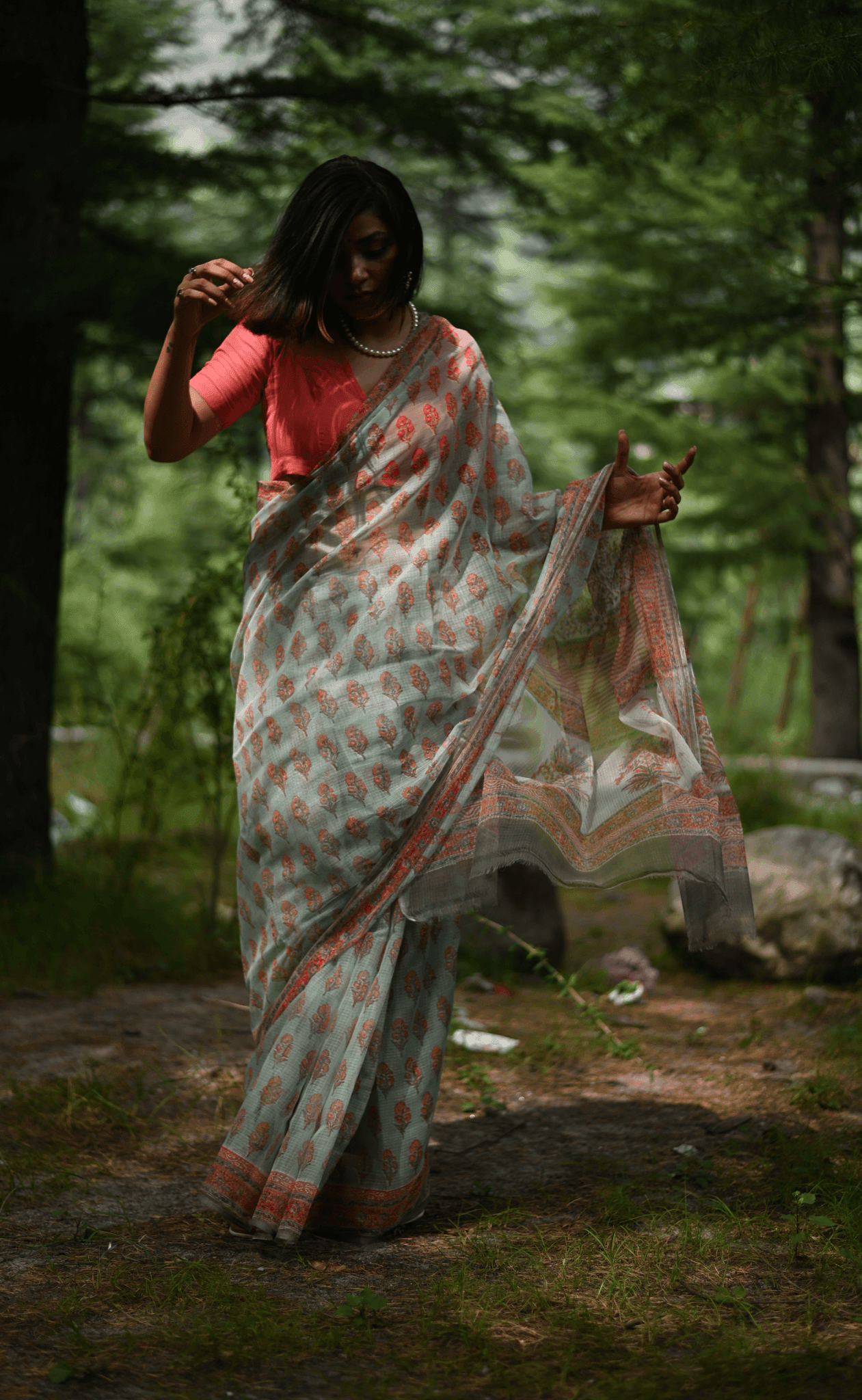 Peach handprinted handwoven Kota doria saree - Mayin India