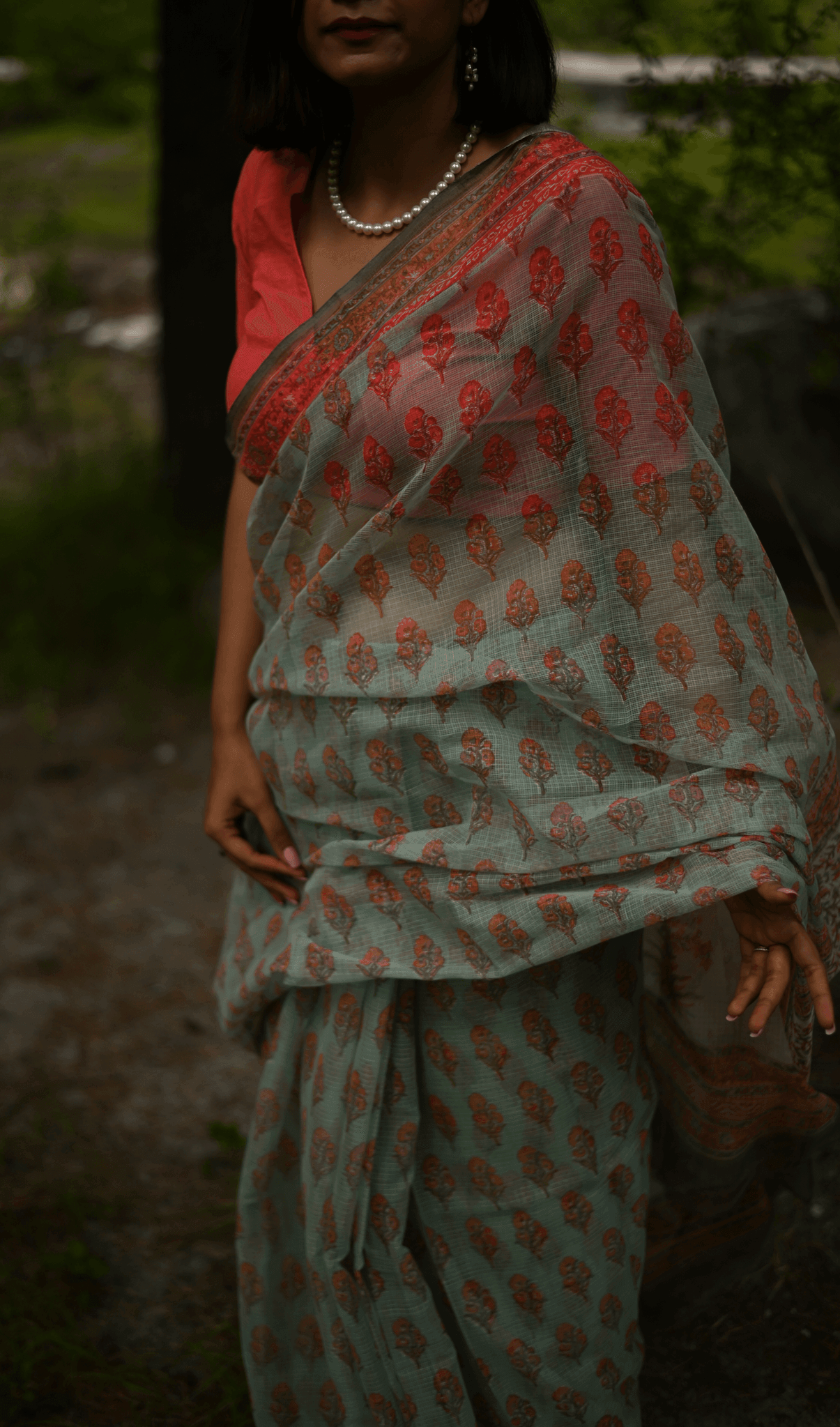 Peach handprinted handwoven Kota doria saree - Mayin India