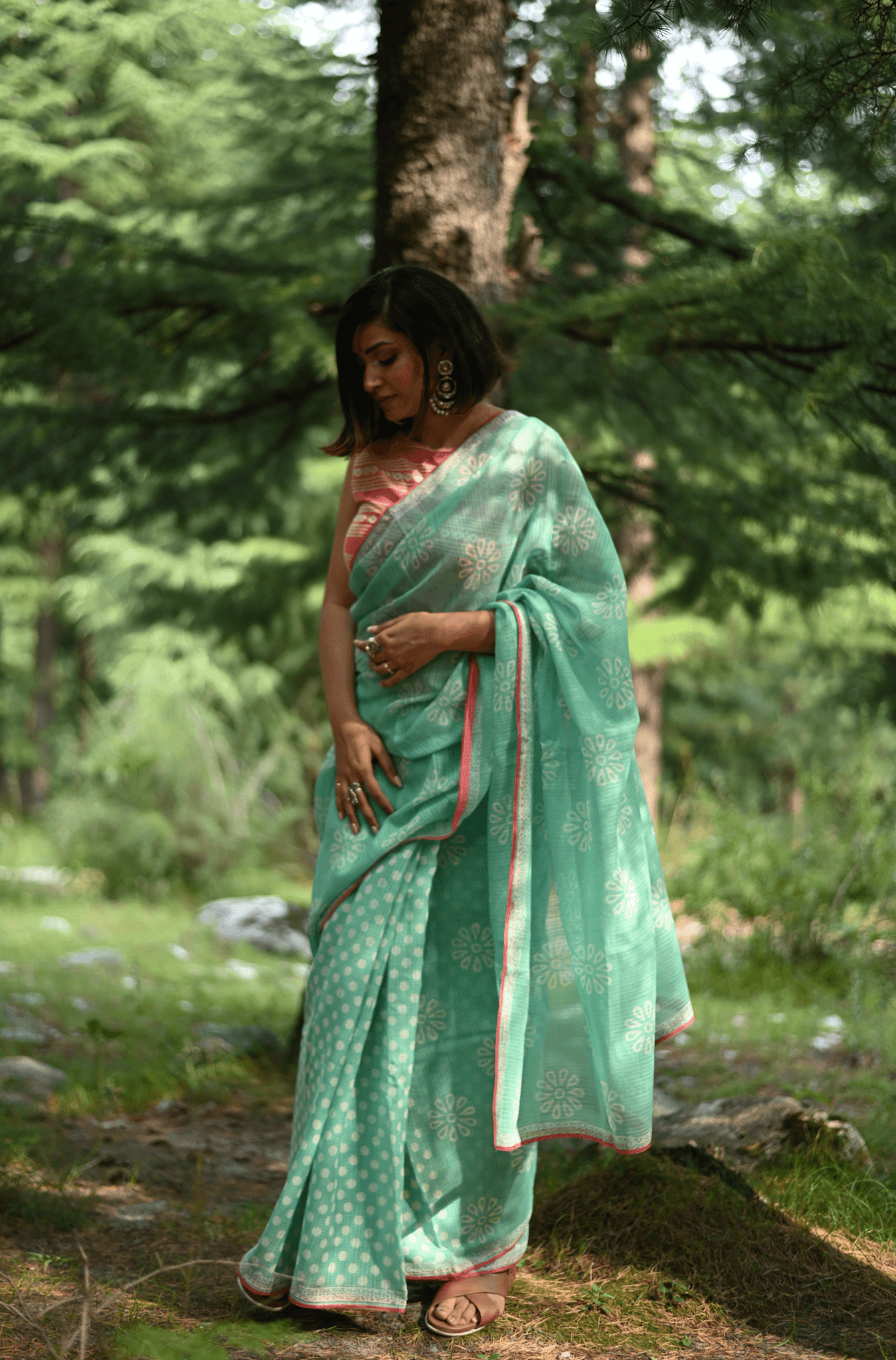 Sea Green handprinted handwoven Kota doria saree - Mayin India