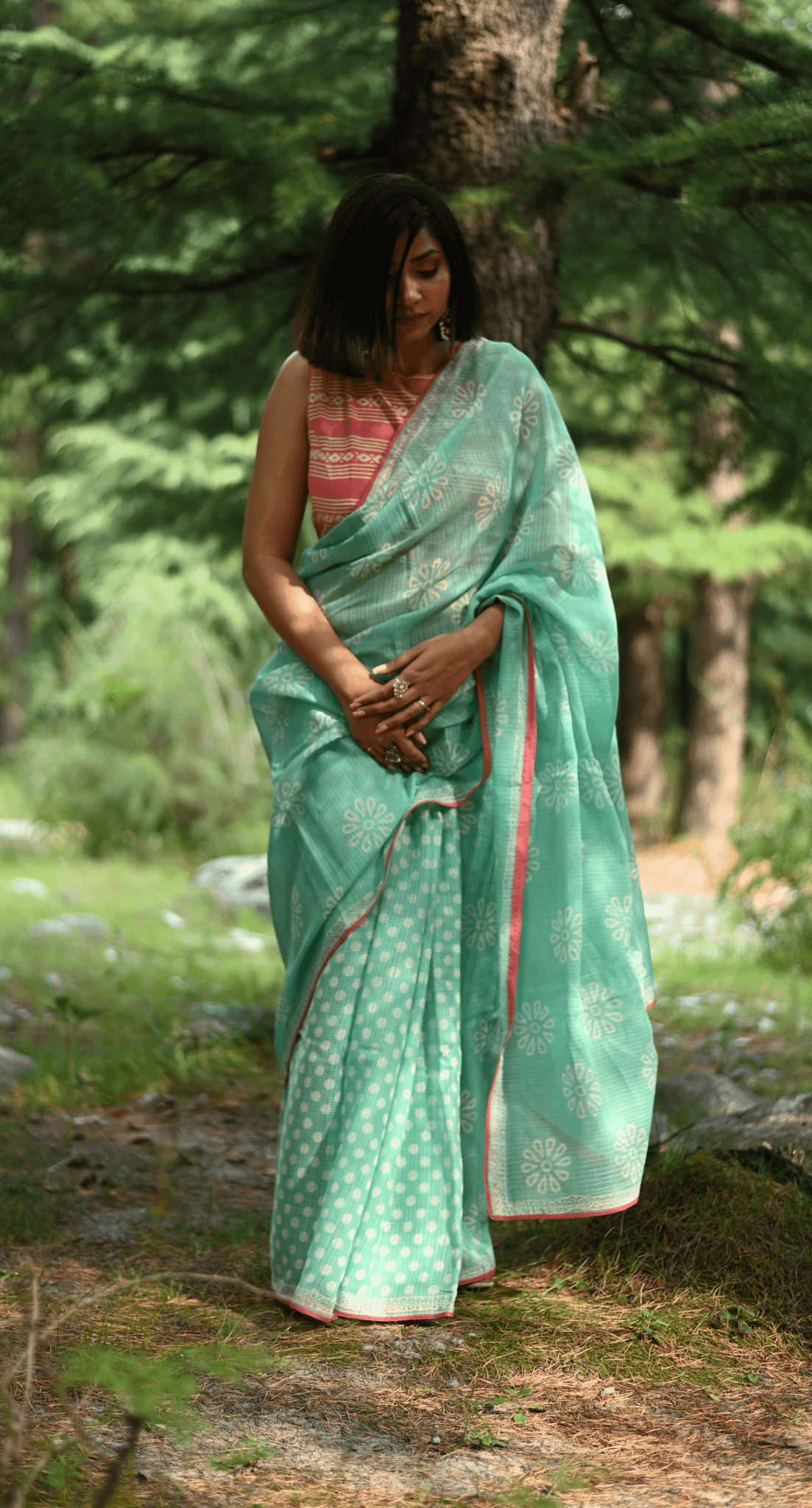 Sea Green handprinted handwoven Kota doria saree - Mayin India