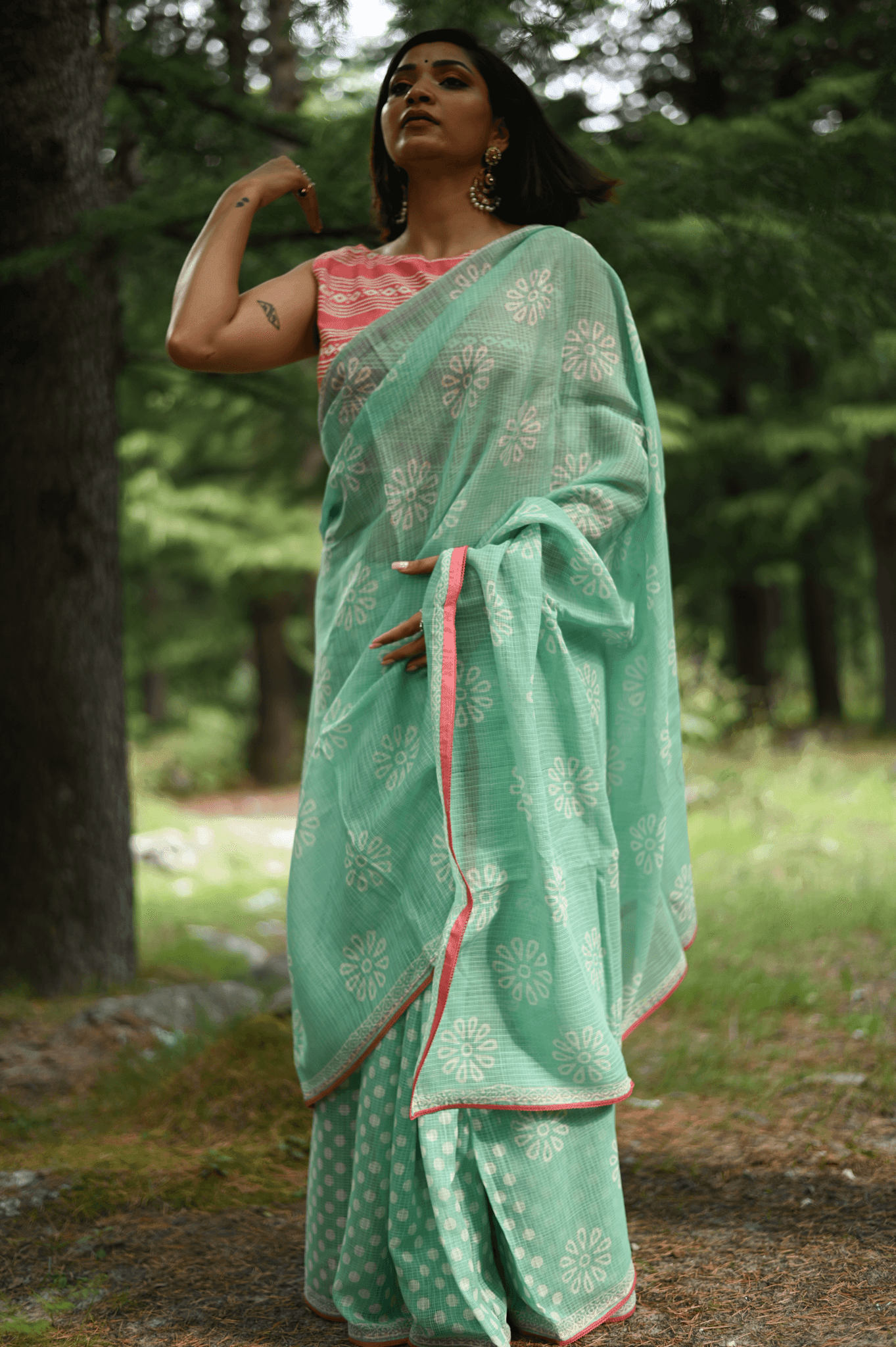 Sea Green handprinted handwoven Kota doria saree - Mayin India