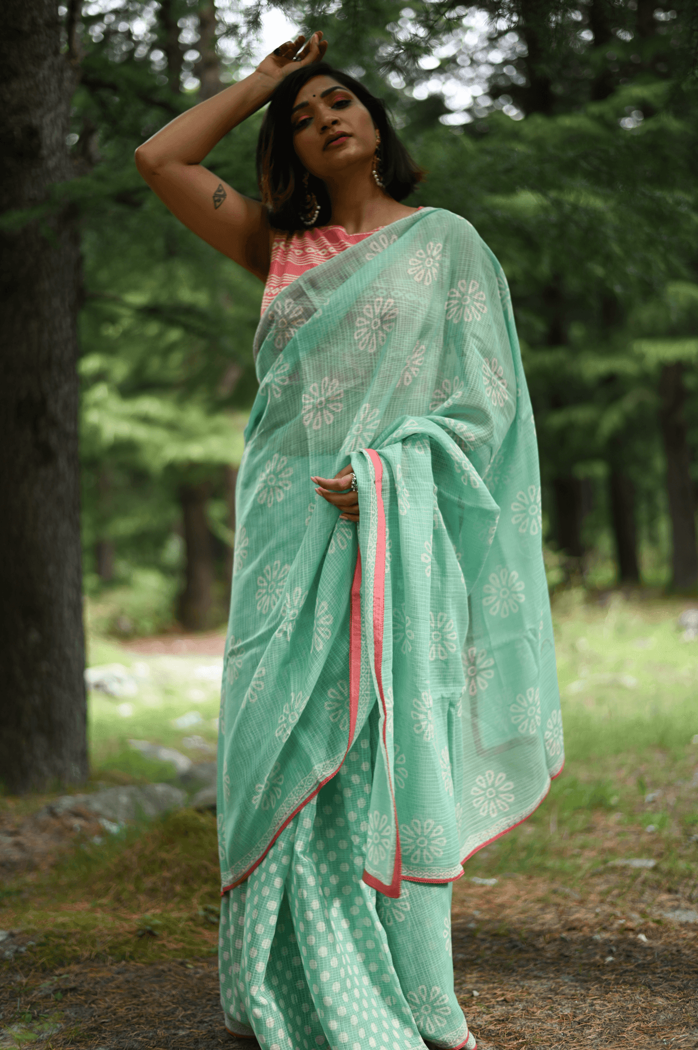 Sea Green handprinted handwoven Kota doria saree - Mayin India