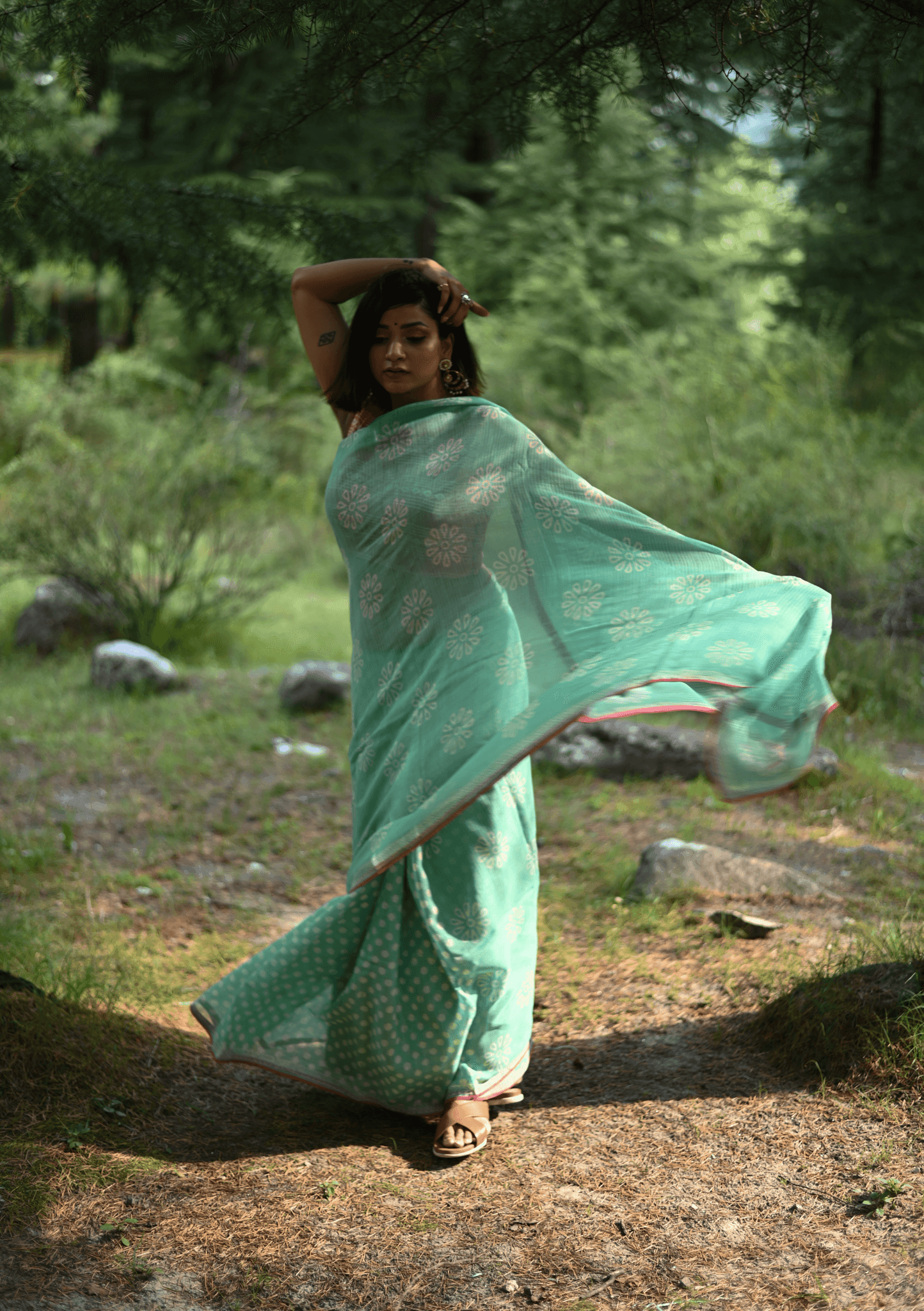 Sea Green handprinted handwoven Kota doria saree - Mayin India