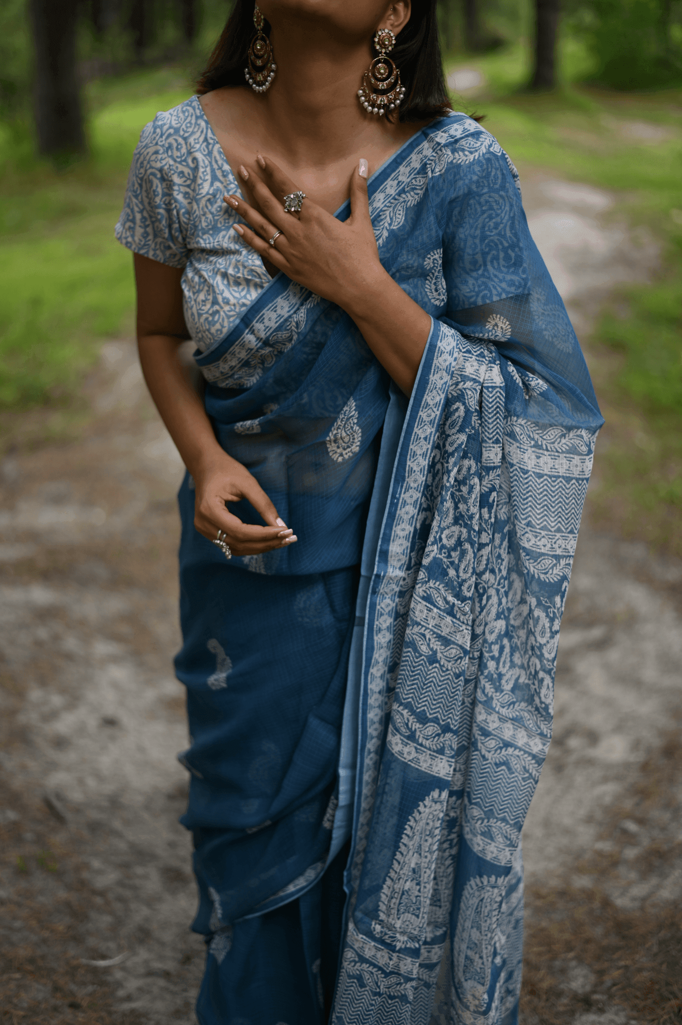 Indigo handprinted handwoven Kota doria saree - Mayin India