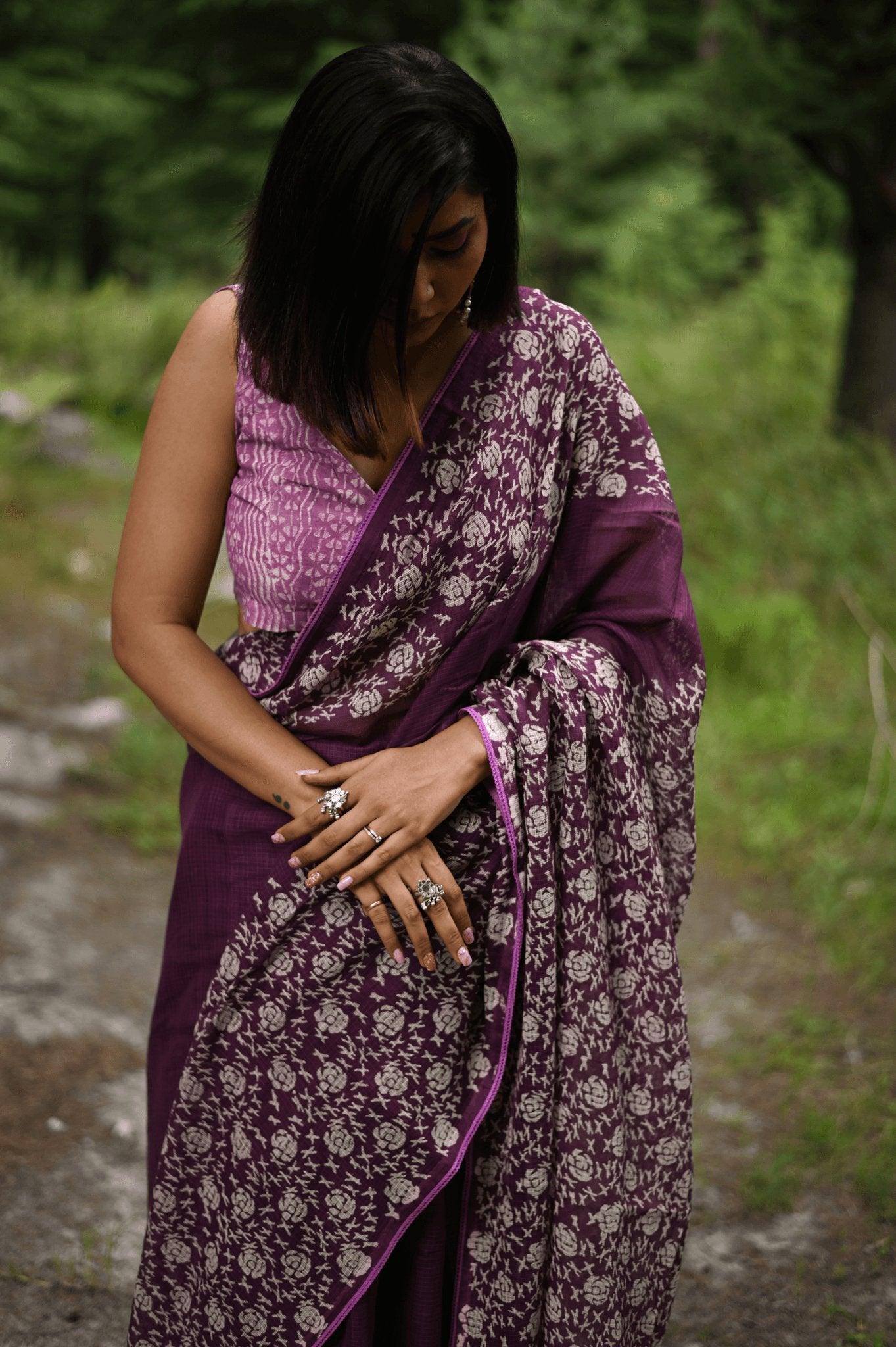 Amethyst handprinted handwoven Kota doria saree - Mayin India
