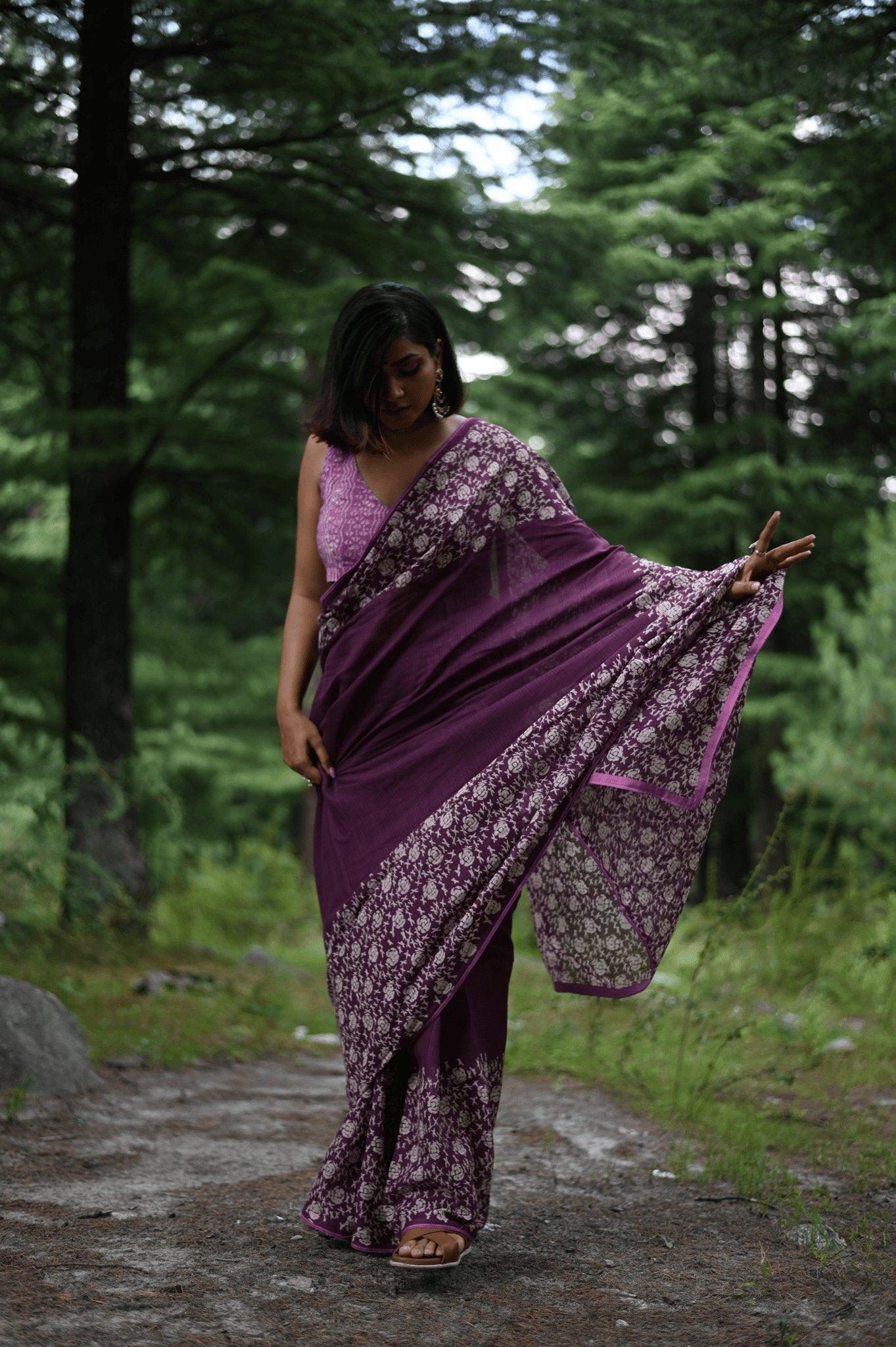 Amethyst handprinted handwoven Kota doria saree - Mayin India