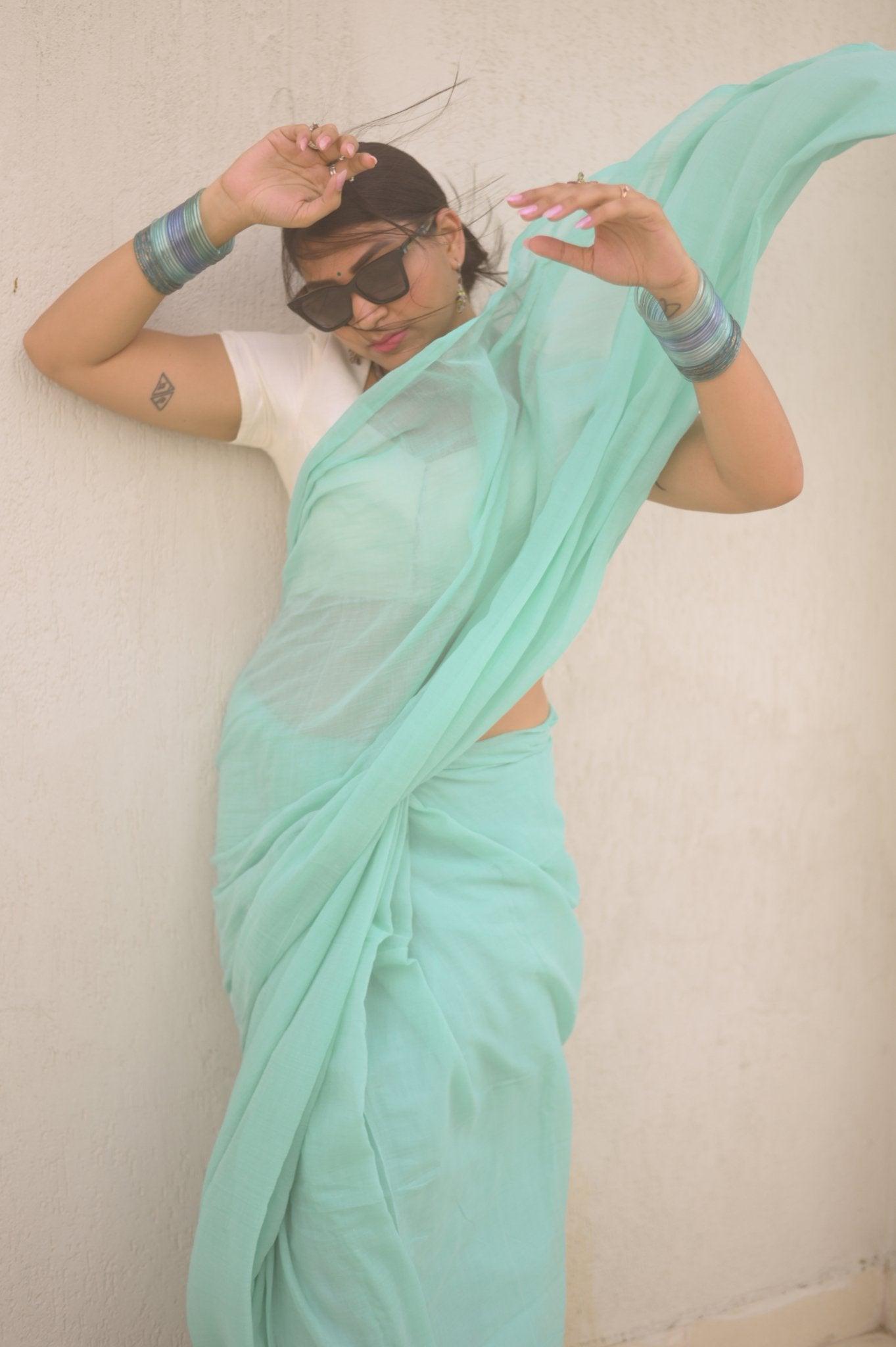 Aquamarine Mul Saree - Mayin India