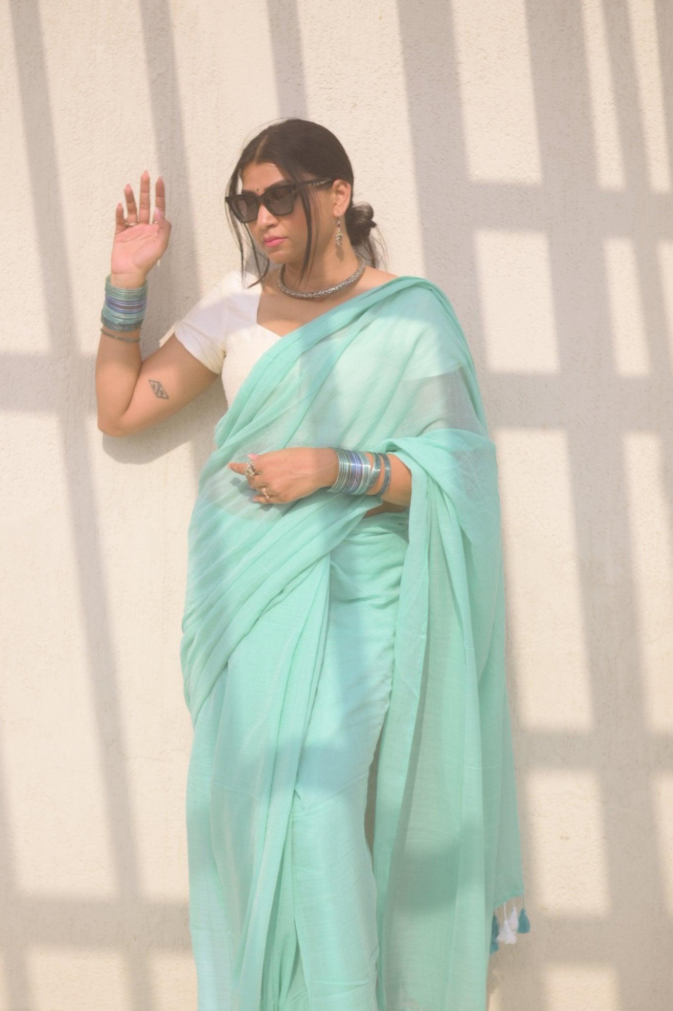 Aquamarine Mul Saree - Mayin India