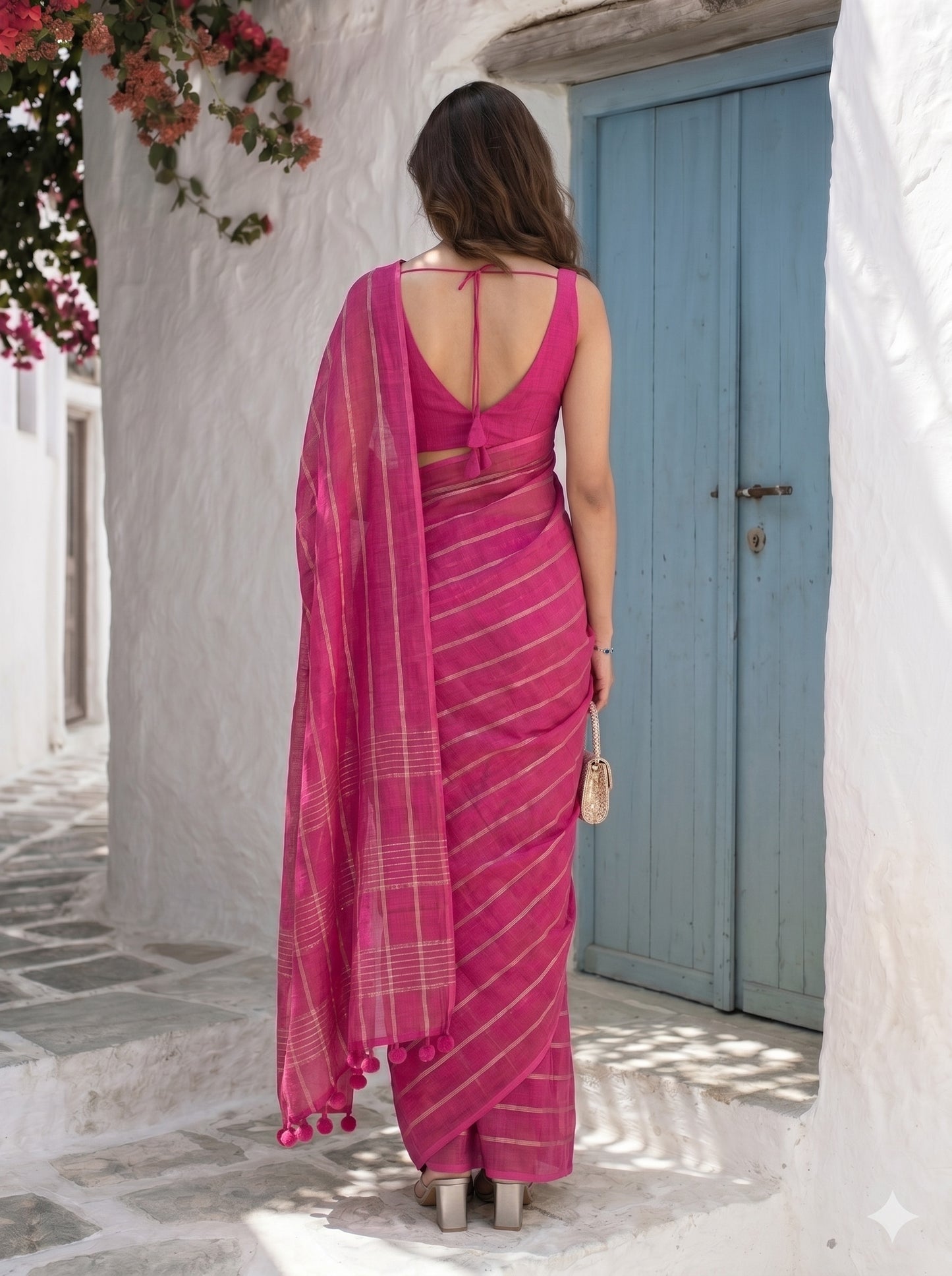Statement - Pink Striped Pure Handloom Linen Saree with Zari Border