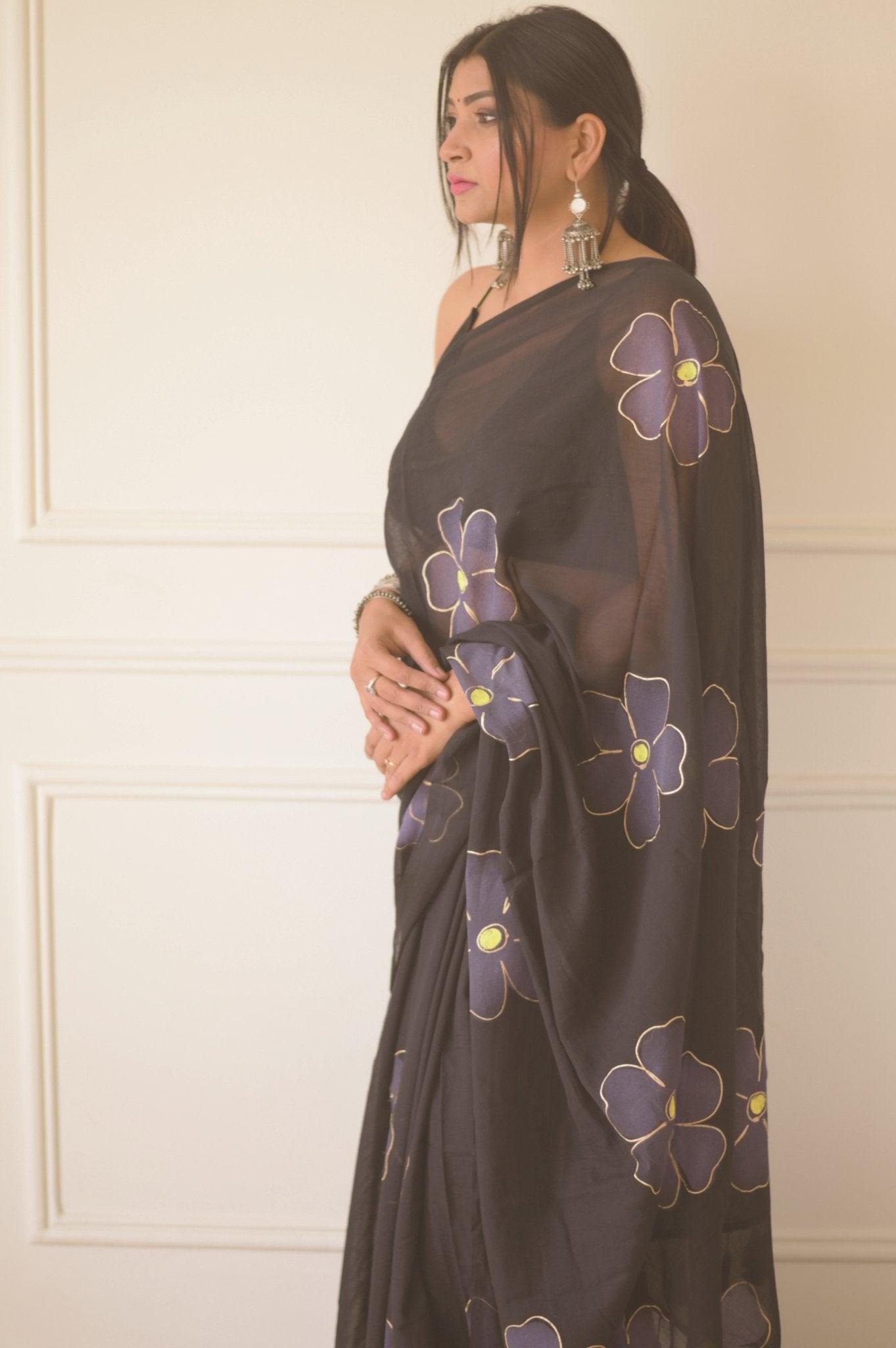 Black Cherry Blossom Mul Saree - Mayin India