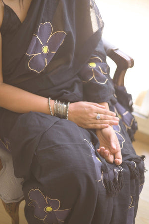 Black Cherry Blossom Mul Saree
