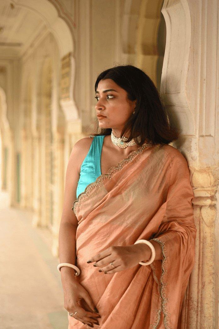 Citrine Turquoise Handembroidered Saree - Mayin India