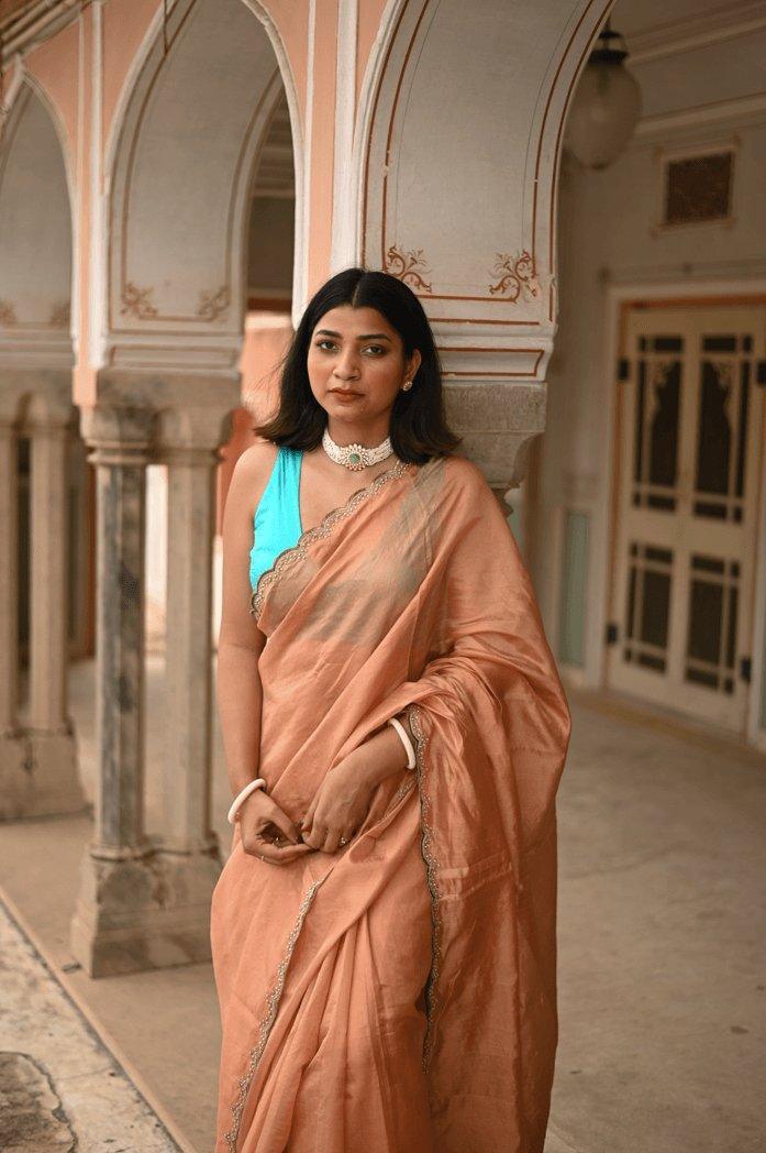 Citrine Turquoise Handembroidered Saree - Mayin India