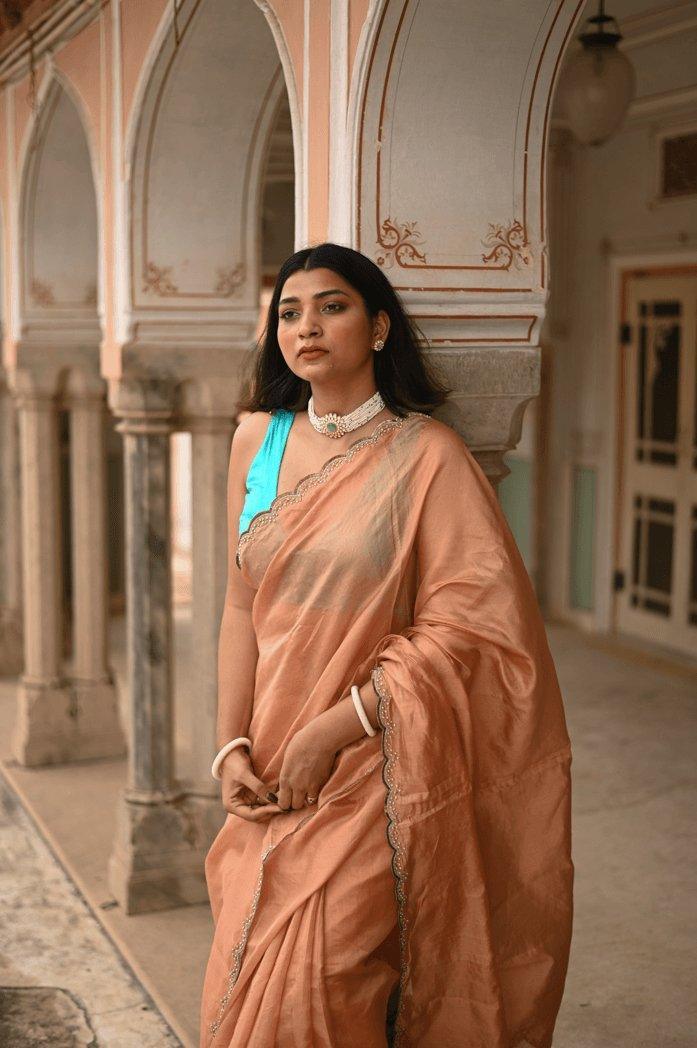 Citrine Turquoise Handembroidered Saree - Mayin India
