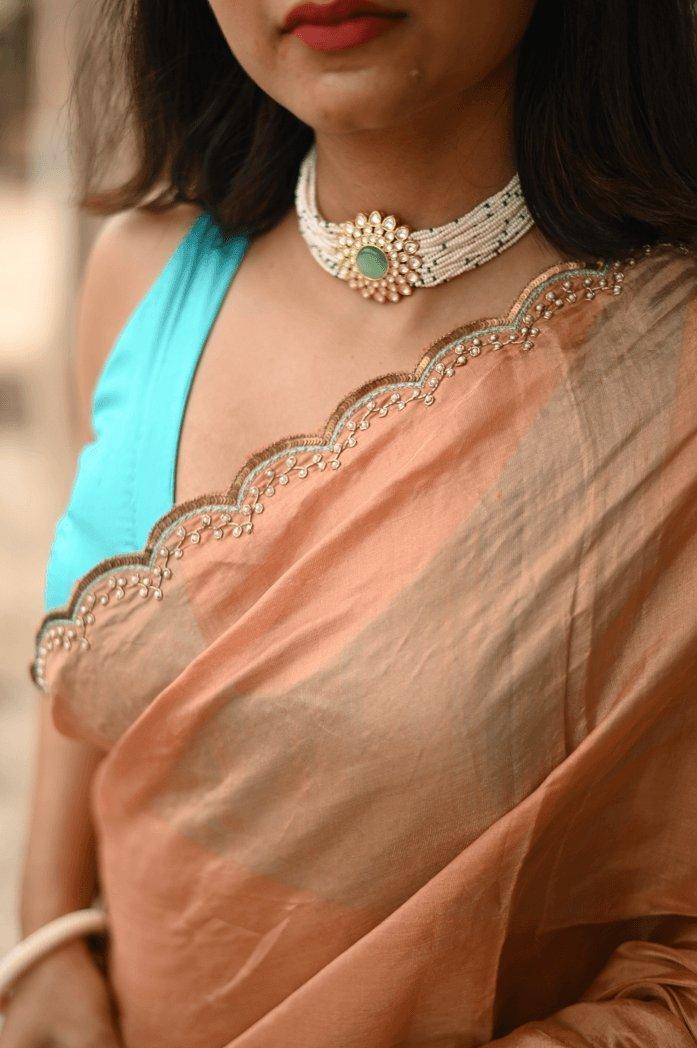 Citrine Turquoise Handembroidered Saree - Mayin India