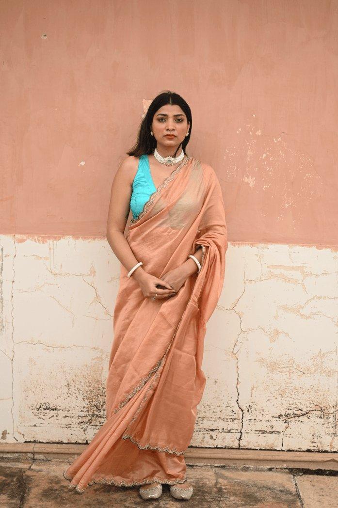 Citrine Turquoise Handembroidered Saree - Mayin India