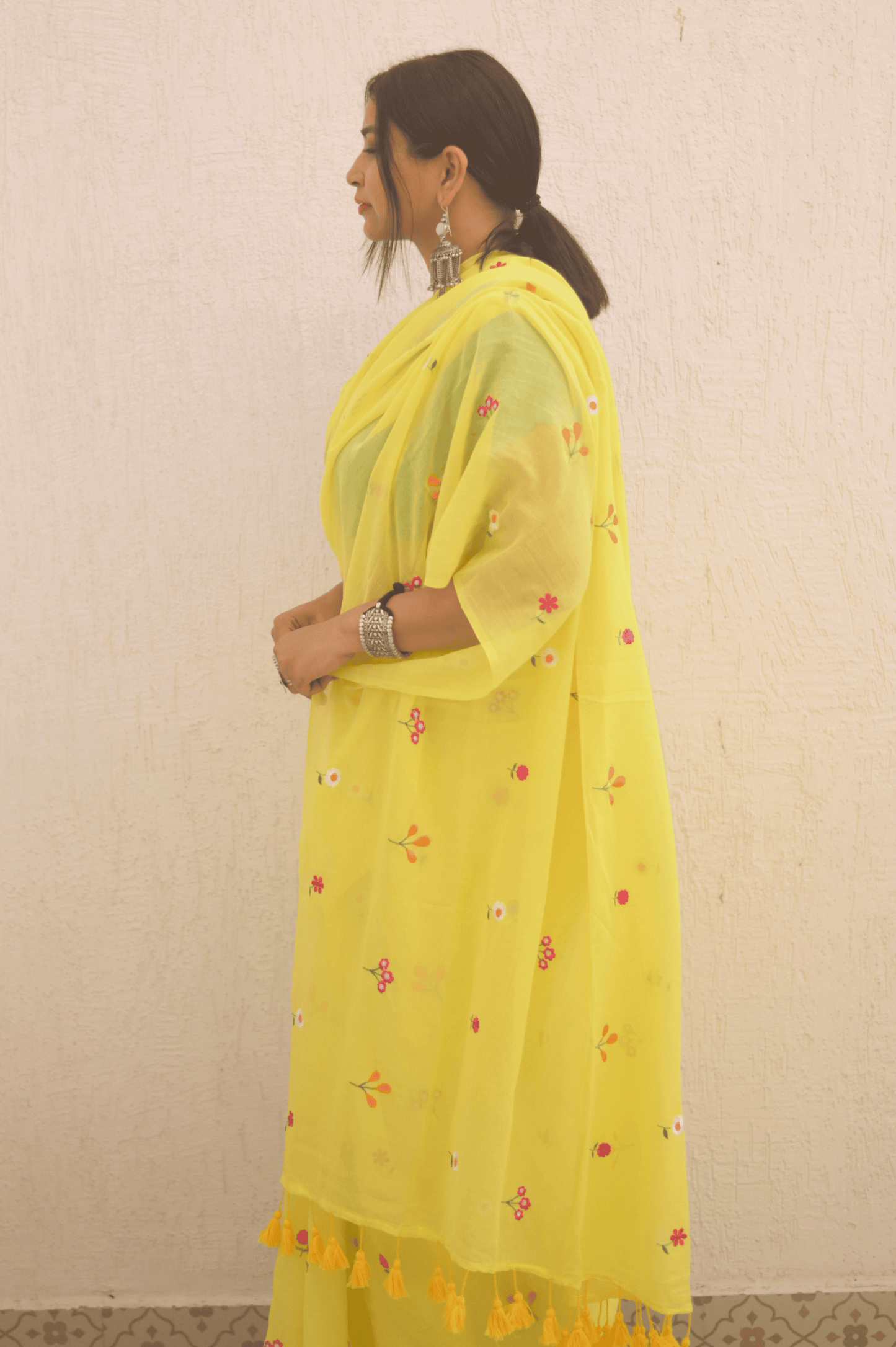 Gardenalia Yellow Mul Saree - Mayin India