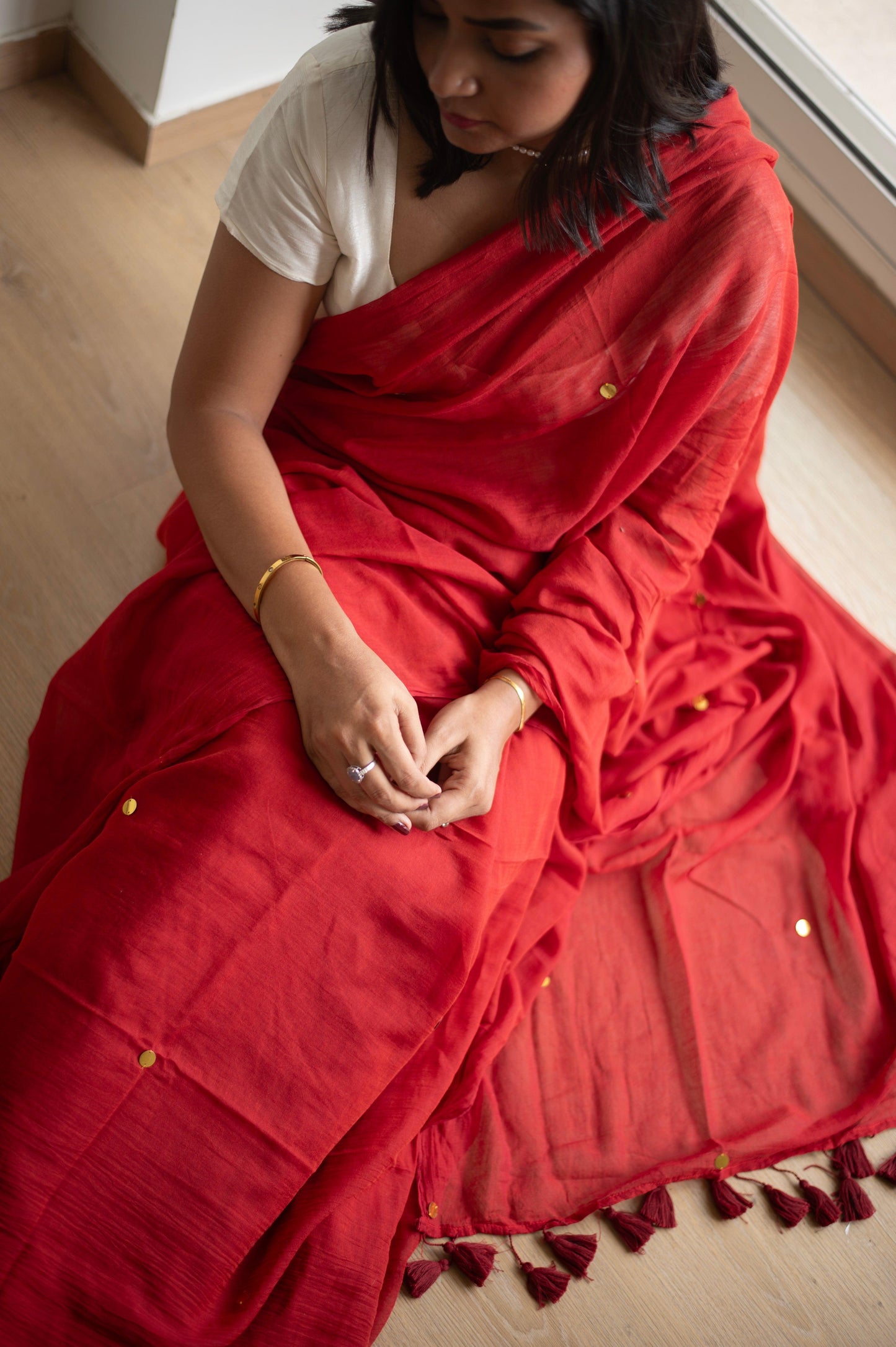 Madder Sequin Mul Saree - Mayin India